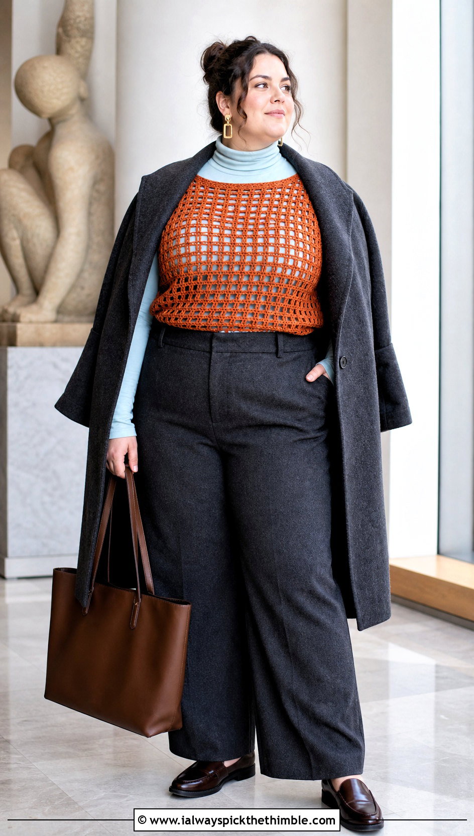 Plus Size Filet Crochet Top With Turtleneck And Wool Trousers - 20 plus size crochet tops outfit ideas