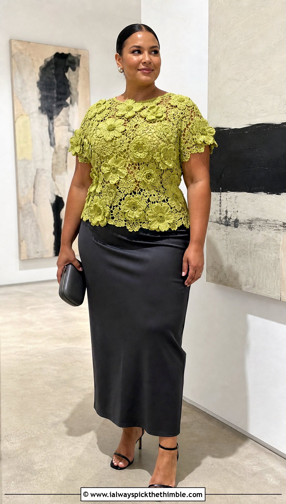 Plus Size Floral Applique Crochet Top With Column Skirt - 25 plus size crochet top outfit ideas
