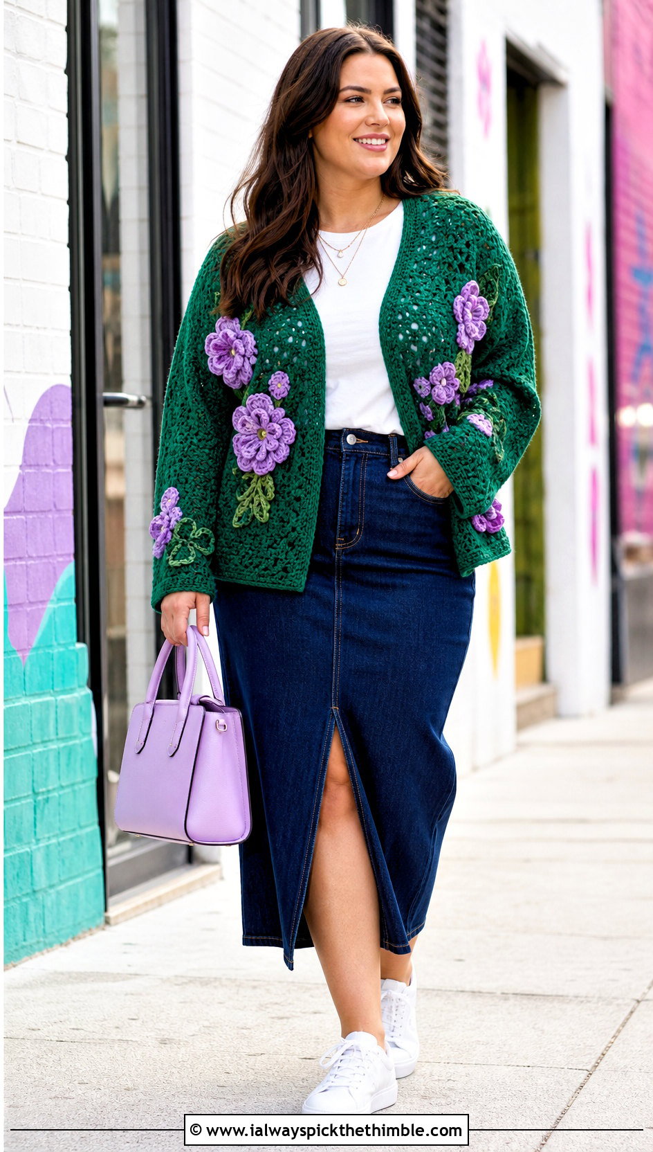 Plus Size Floral Crochet Cardigan With Denim Midi Skirt - 20 crochet plus size cardigan outfit ideas