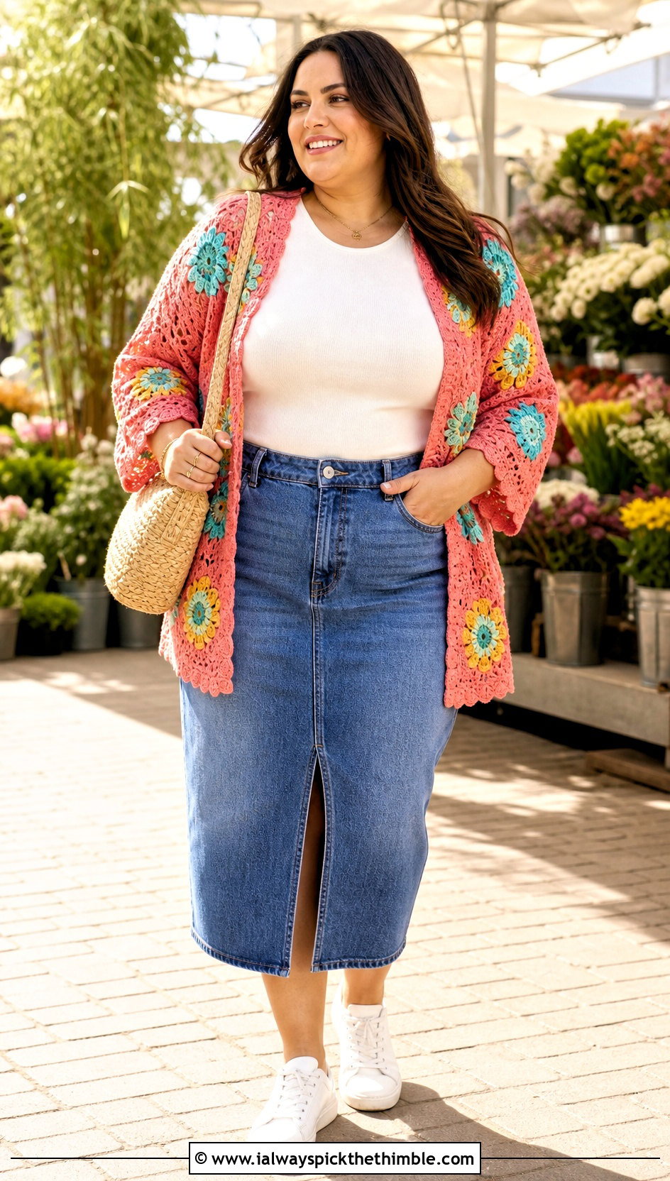 Plus Size Floral Motif Crochet Cardigan With Denim Midi Skirt - 25 plus size crochet cardigan outfit ideas