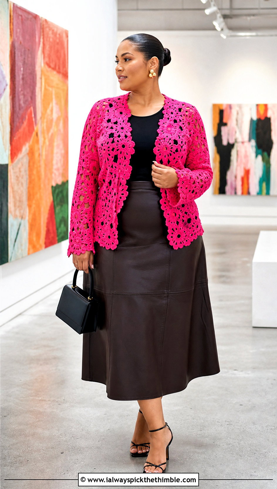 Plus Size Floral Motif Crochet Cardigan With Leather Look Skirt - 20 plus size crochet summer cardigan outfit ideas