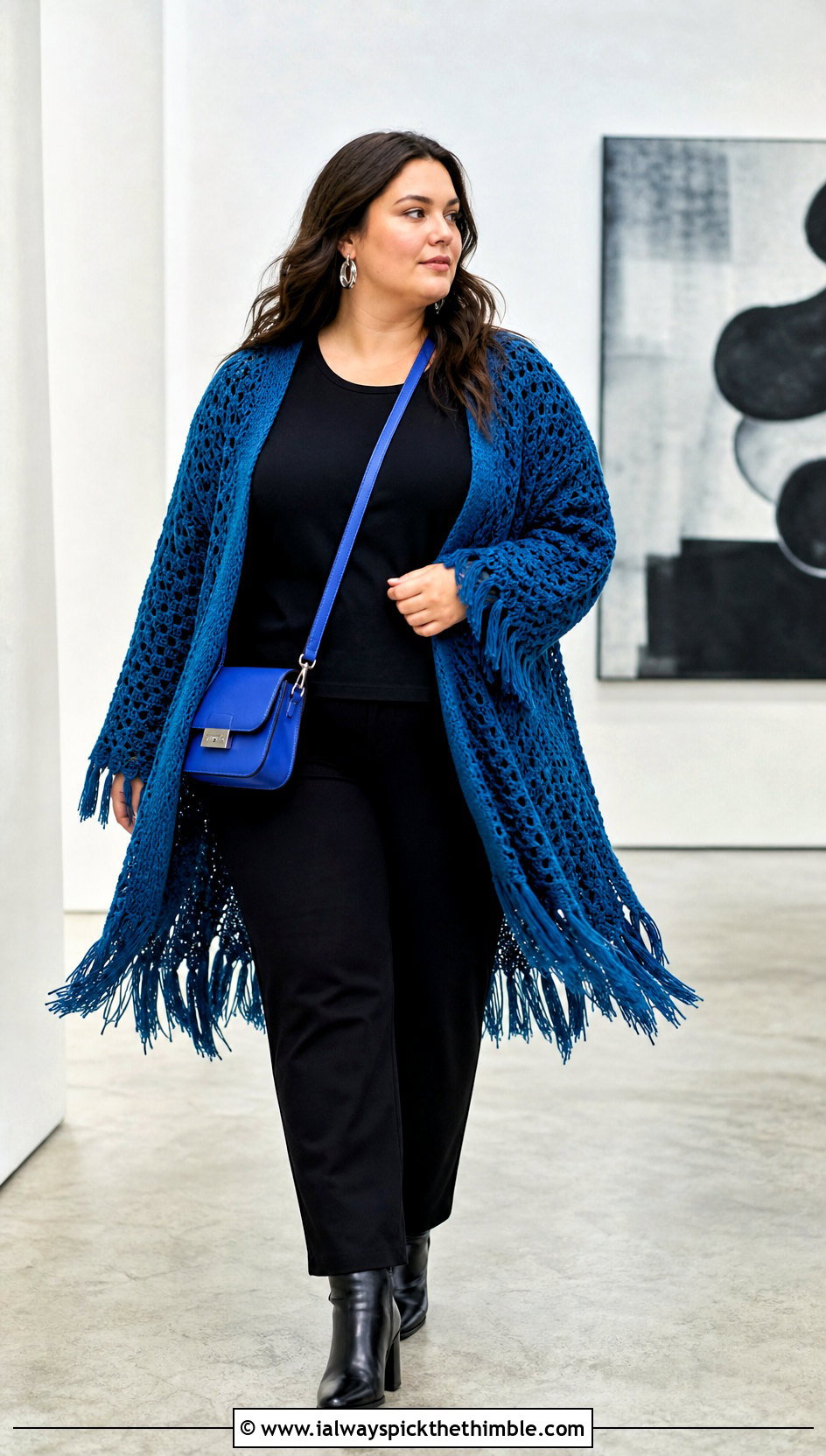 Plus Size Fringe Crochet Cardigan With Monochrome Basics - 25 plus size crochet cardigan outfit ideas
