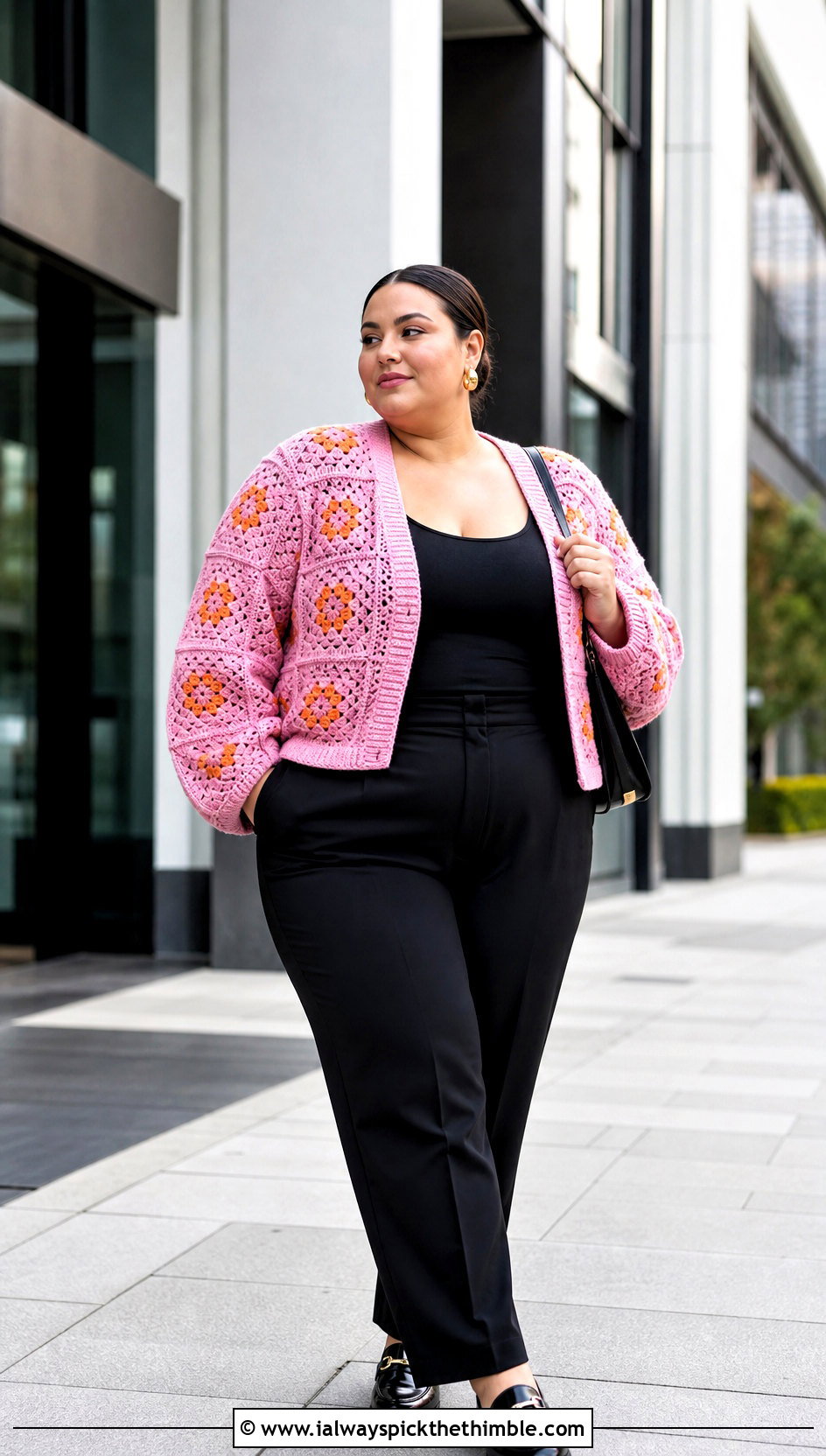 Plus Size Granny Square Cardigan With Black Trousers - 20 Crochet Clothes Plus Size outfit ideas