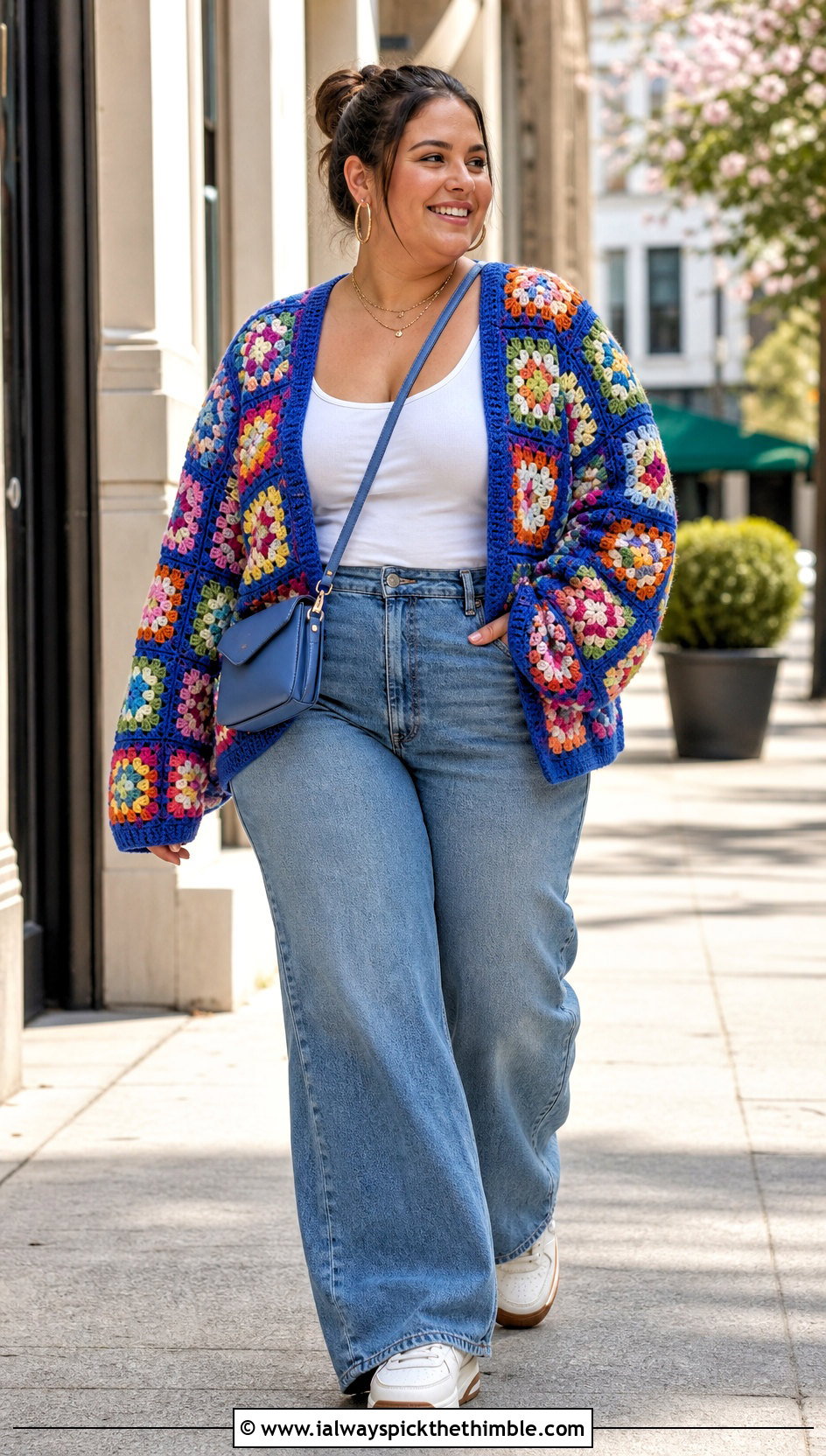 Plus Size Granny Square Crochet Cardigan With Wide Leg Jeans - 25 plus size crochet cardigan outfit ideas