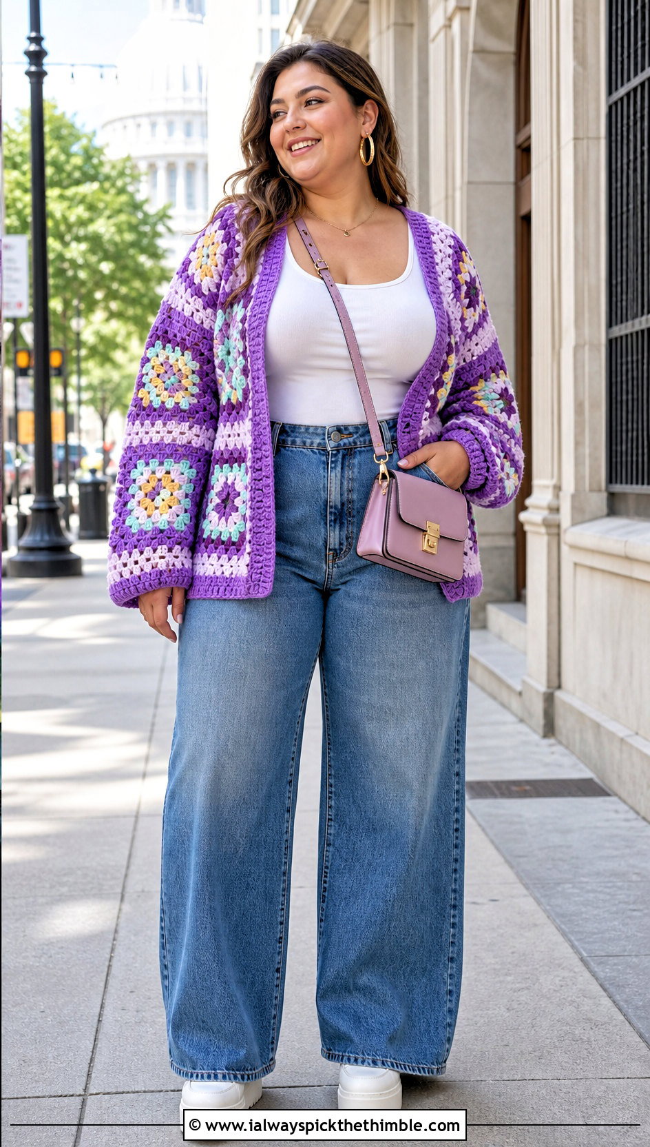 Plus Size Granny Square Crochet Cardigan With Wide Leg Jeans - 20 crochet plus size cardigan outfit ideas