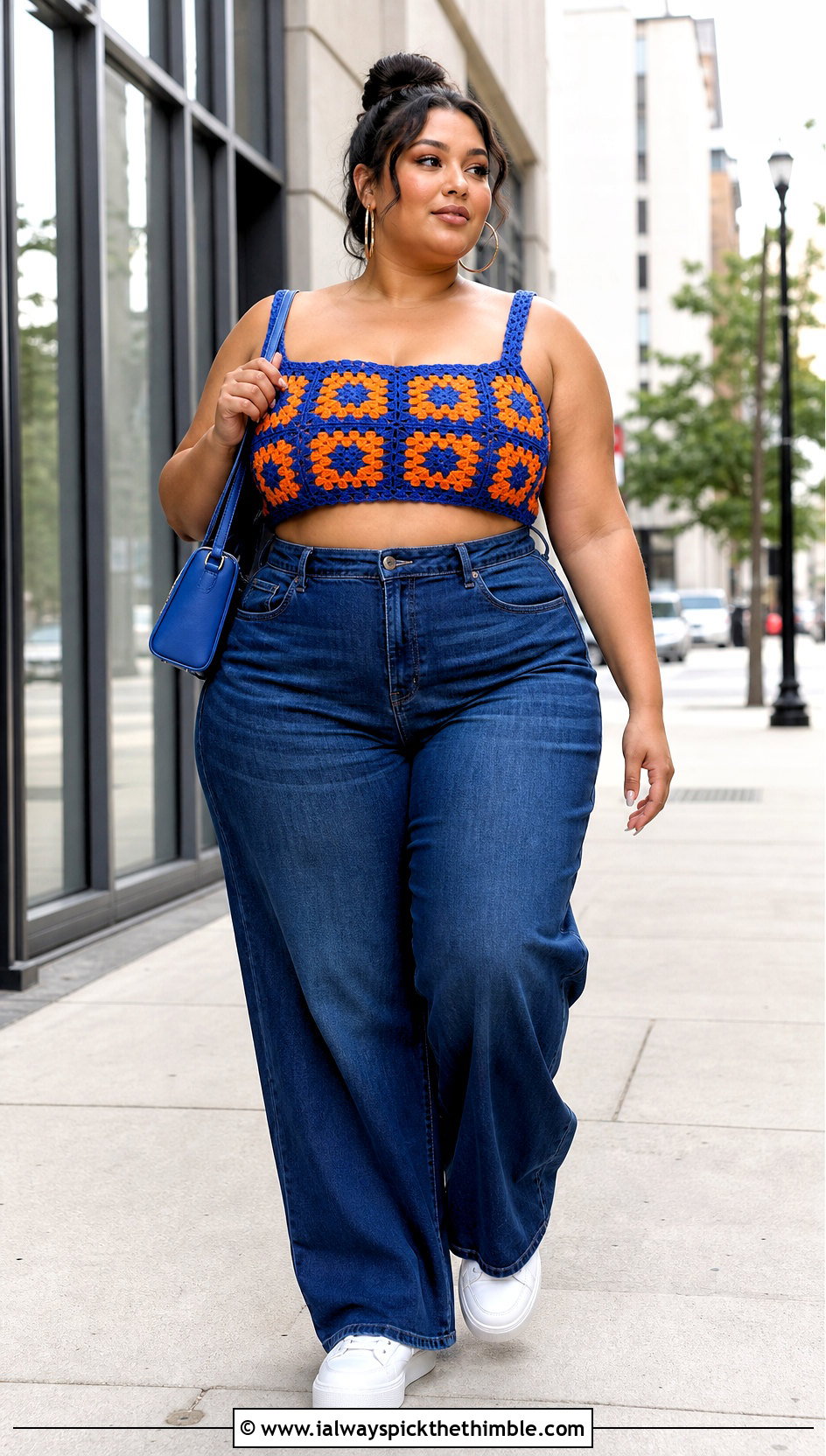 Plus Size Granny Square Crochet Crop Top With Wide Leg Jeans - 20 Crochet Tops Plus Size outfit ideas