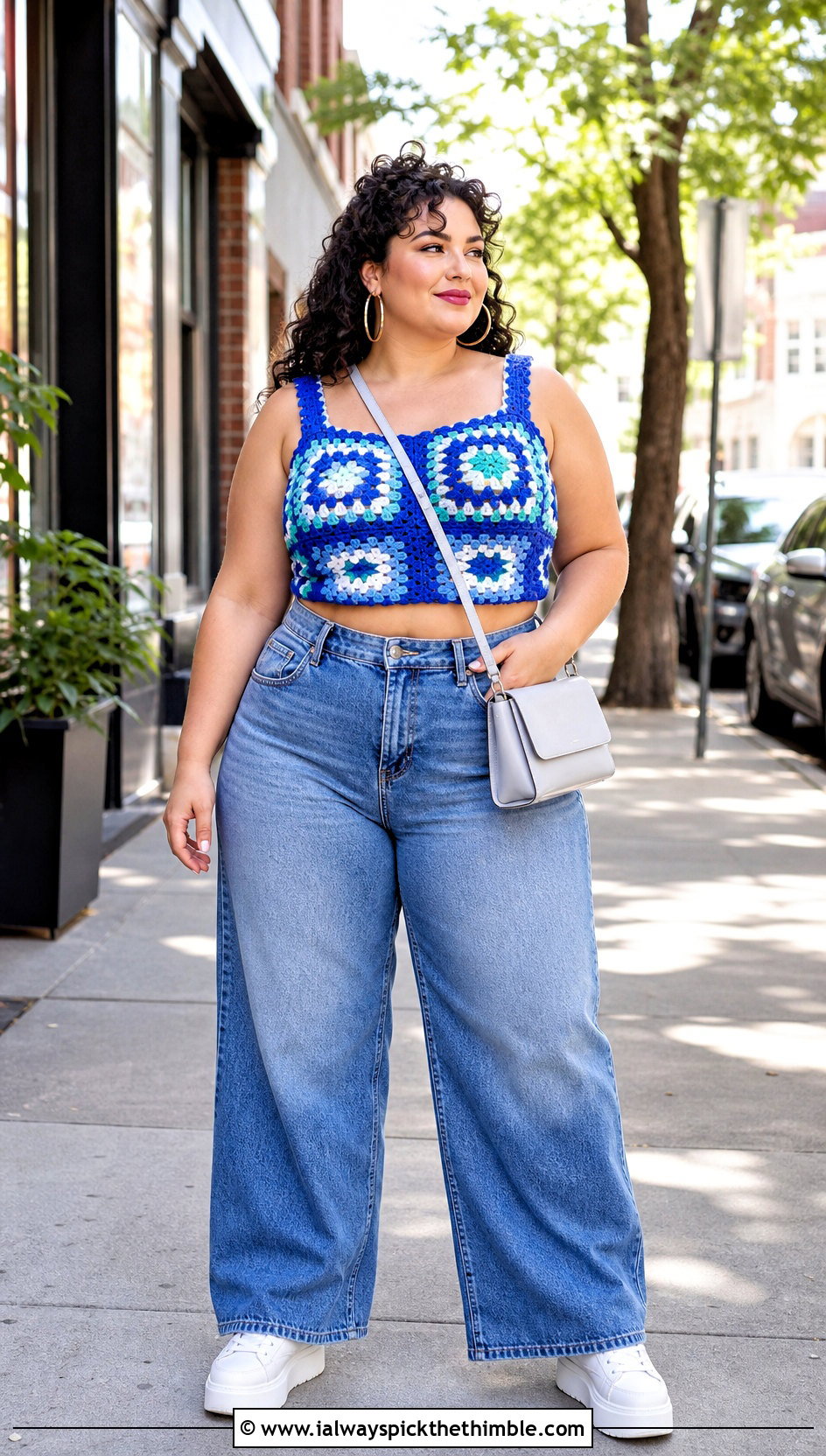 Plus Size Granny Square Crochet Crop Top With Wide Leg Jeans - 25 plus size crochet top outfit ideas