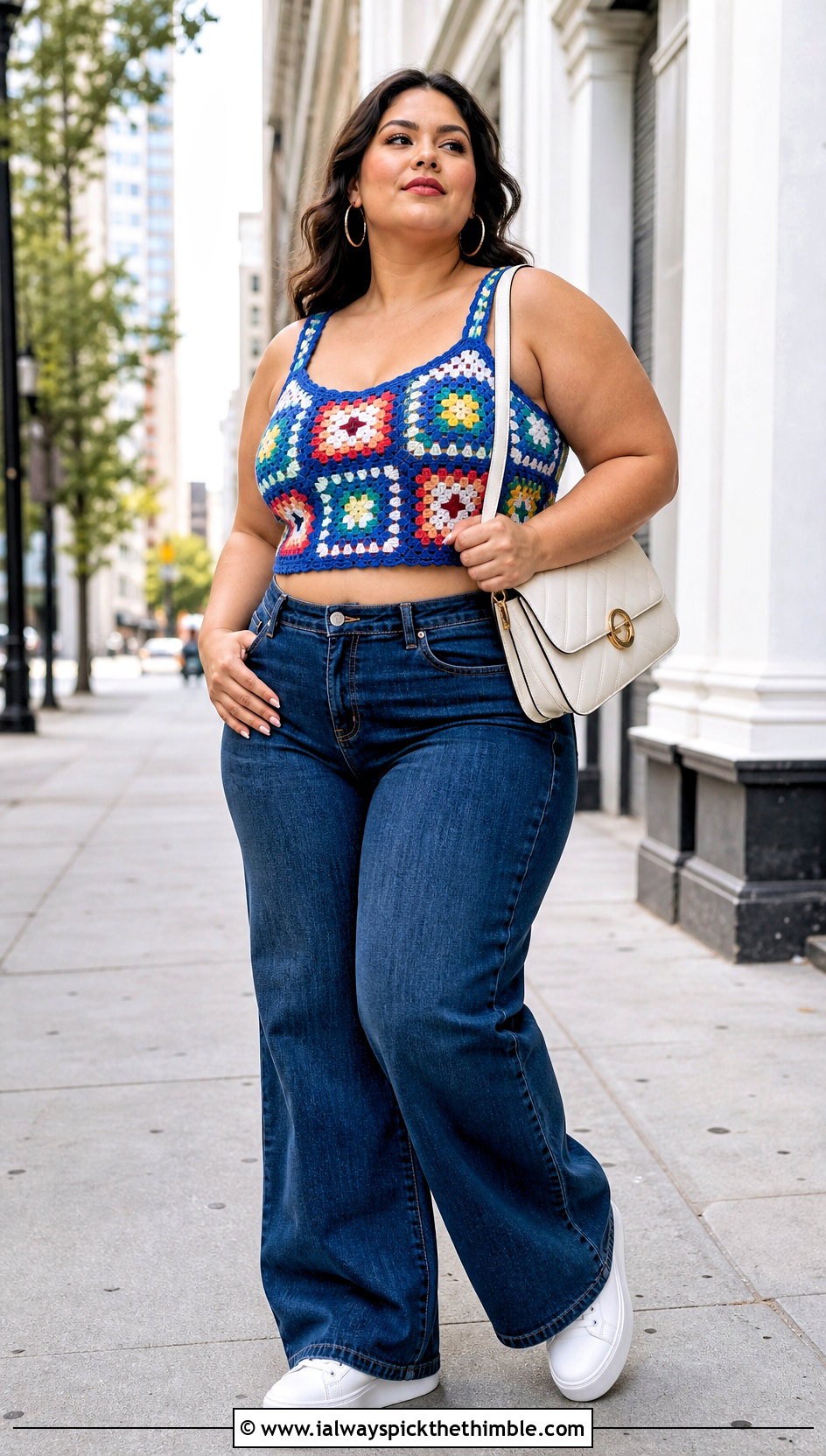 Plus Size Granny Square Crochet Crop Top With Wide Leg Jeans - 20 Crochet Crop Top Plus Size outfit ideas