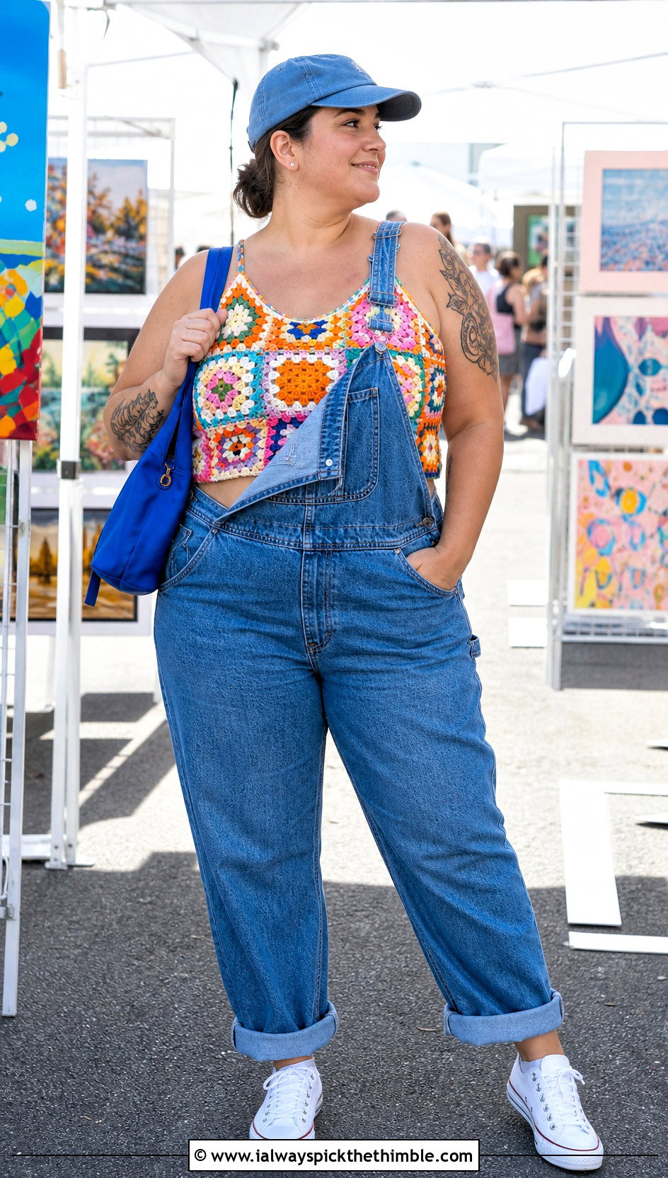 Plus Size Granny Square Crop Top With Denim Overalls - 20 Crochet Top Plus Size outfit ideas