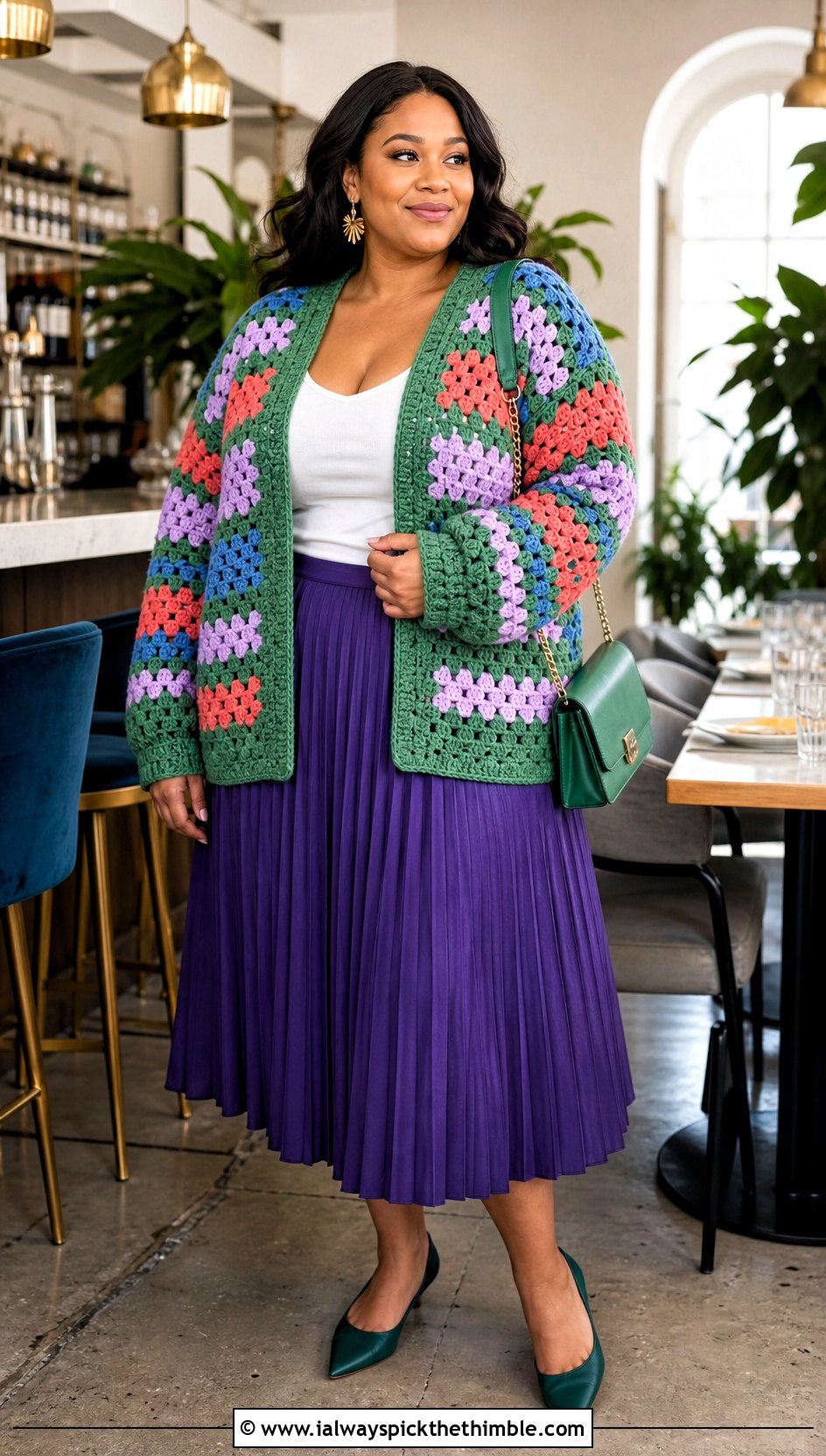 Plus Size Granny Stripe Crochet Cardigan With Pleated Midi Skirt - 25 plus size crochet cardigan outfit ideas