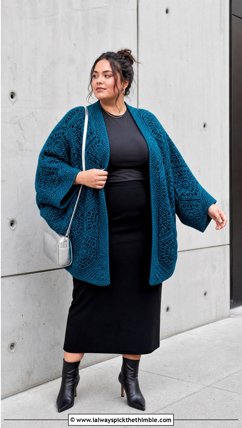 Plus Size Hexagon Crochet Cardigan With Column Midi Skirt - 20 crochet plus size cardigan outfit ideas