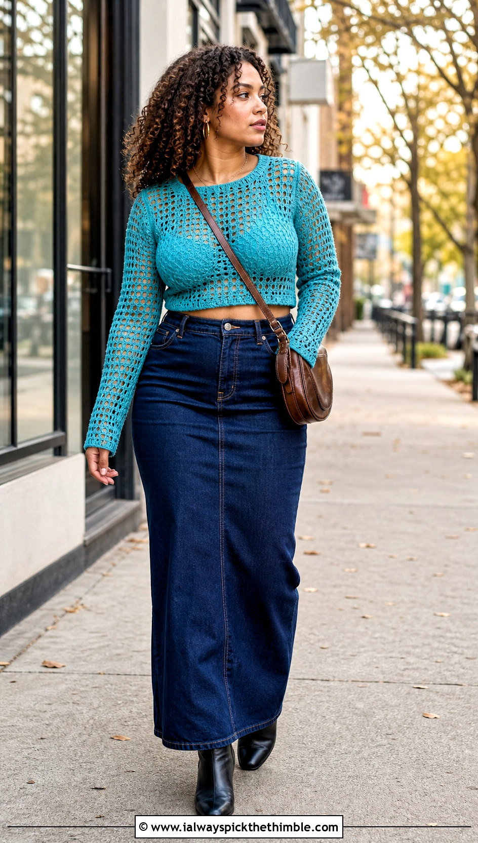 Plus Size Long Sleeve Crochet Crop Top With Denim Maxi Skirt - 20 Crochet Crop Top Plus Size outfit ideas