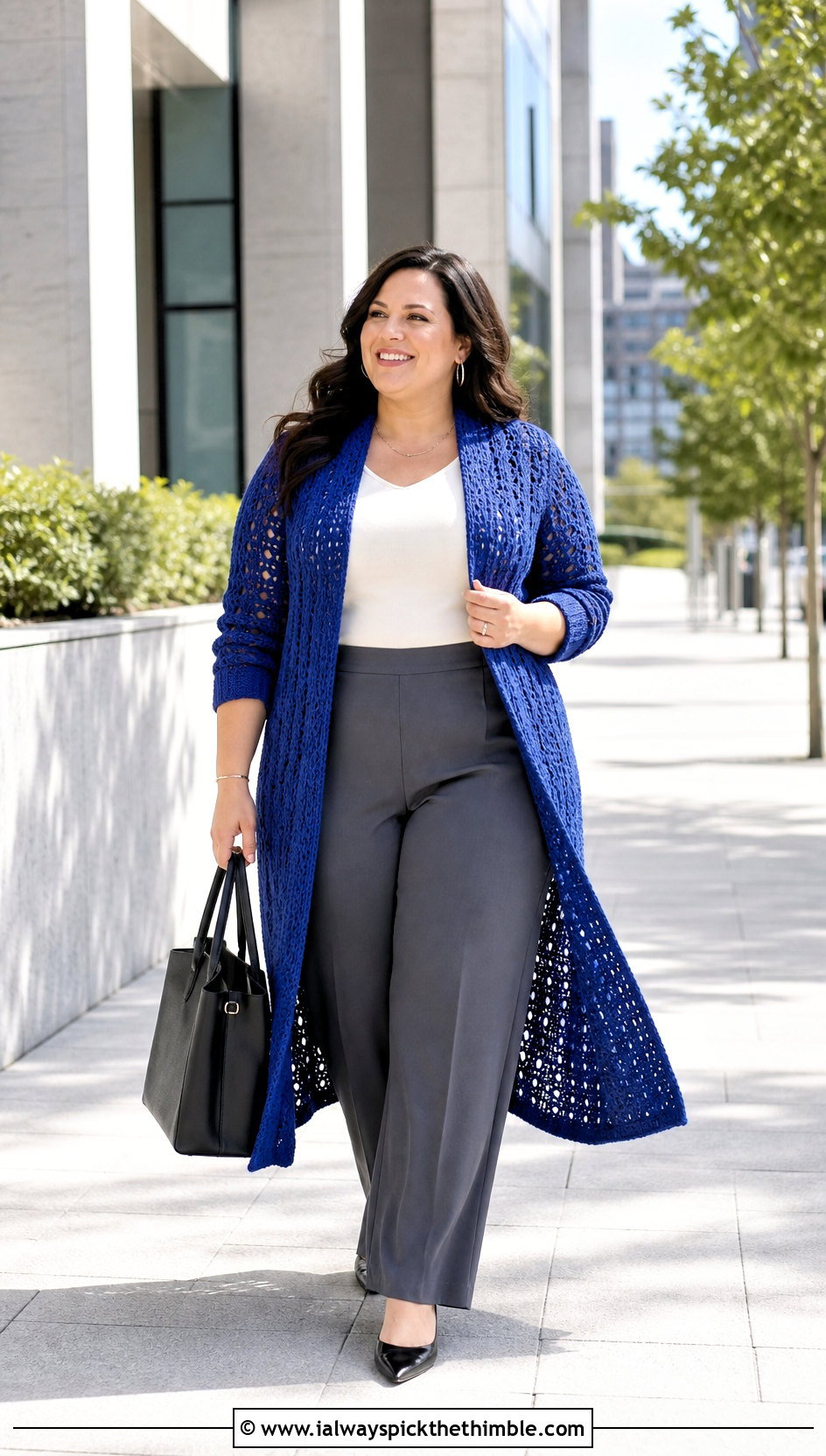 Plus Size Longline Duster Crochet Cardigan With Tailored Trousers - 20 crochet plus size cardigan outfit ideas