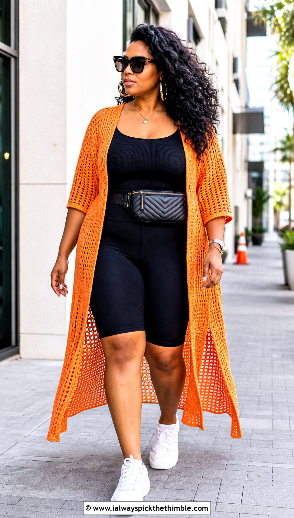 Plus Size Longline Duster Crochet Summer Cardigan With Biker Shorts - 20 plus size crochet summer cardigan outfit ideas