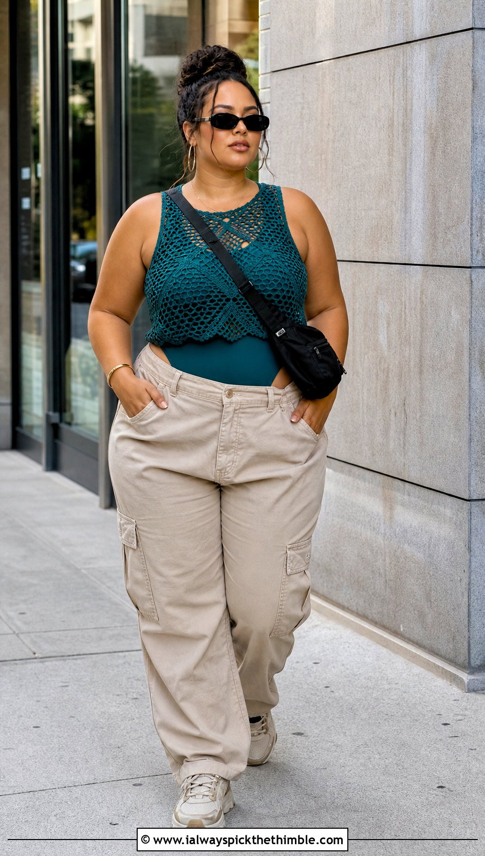 Plus Size Mesh Crochet Tank Crop Top With Cargo Pants - 20 Crochet Crop Top Plus Size outfit ideas