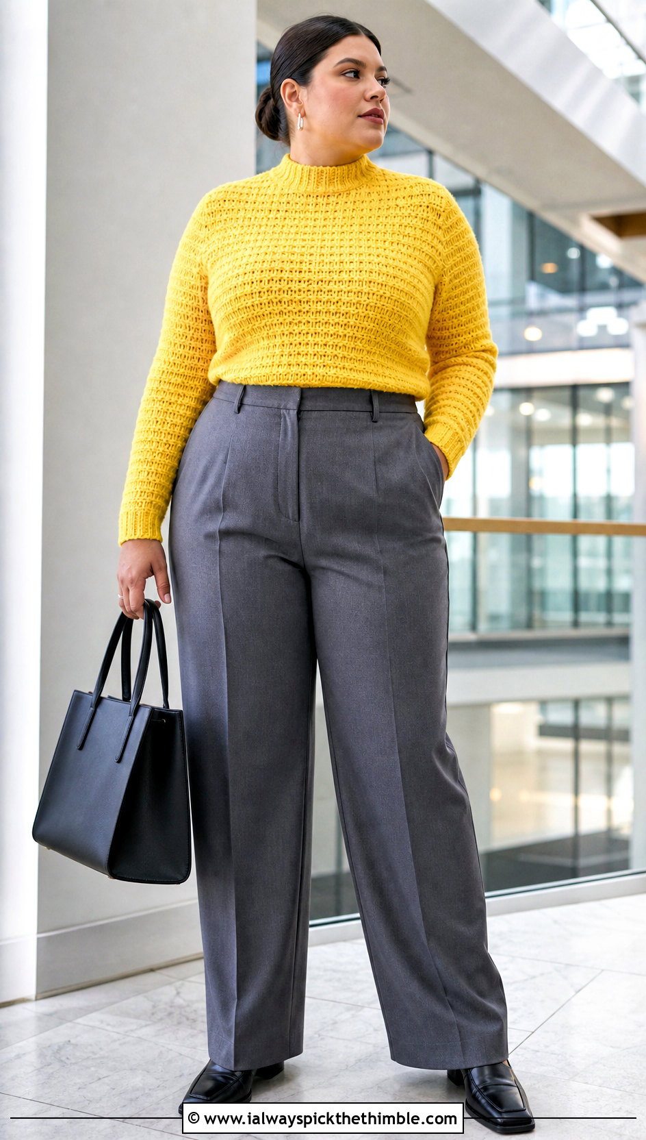 Plus Size Mock Neck Crochet Sweater With Suit Trousers - 20 plus size crochet sweater outfit ideas