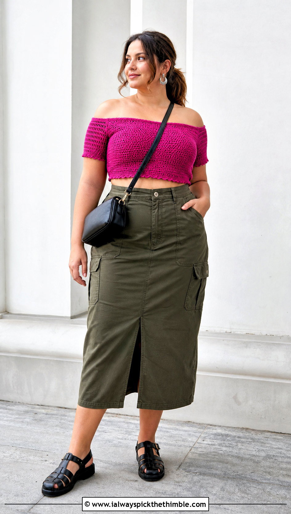 Plus Size Off Shoulder Crochet Crop Top With Utility Skirt - 20 Crochet Crop Top Plus Size outfit ideas