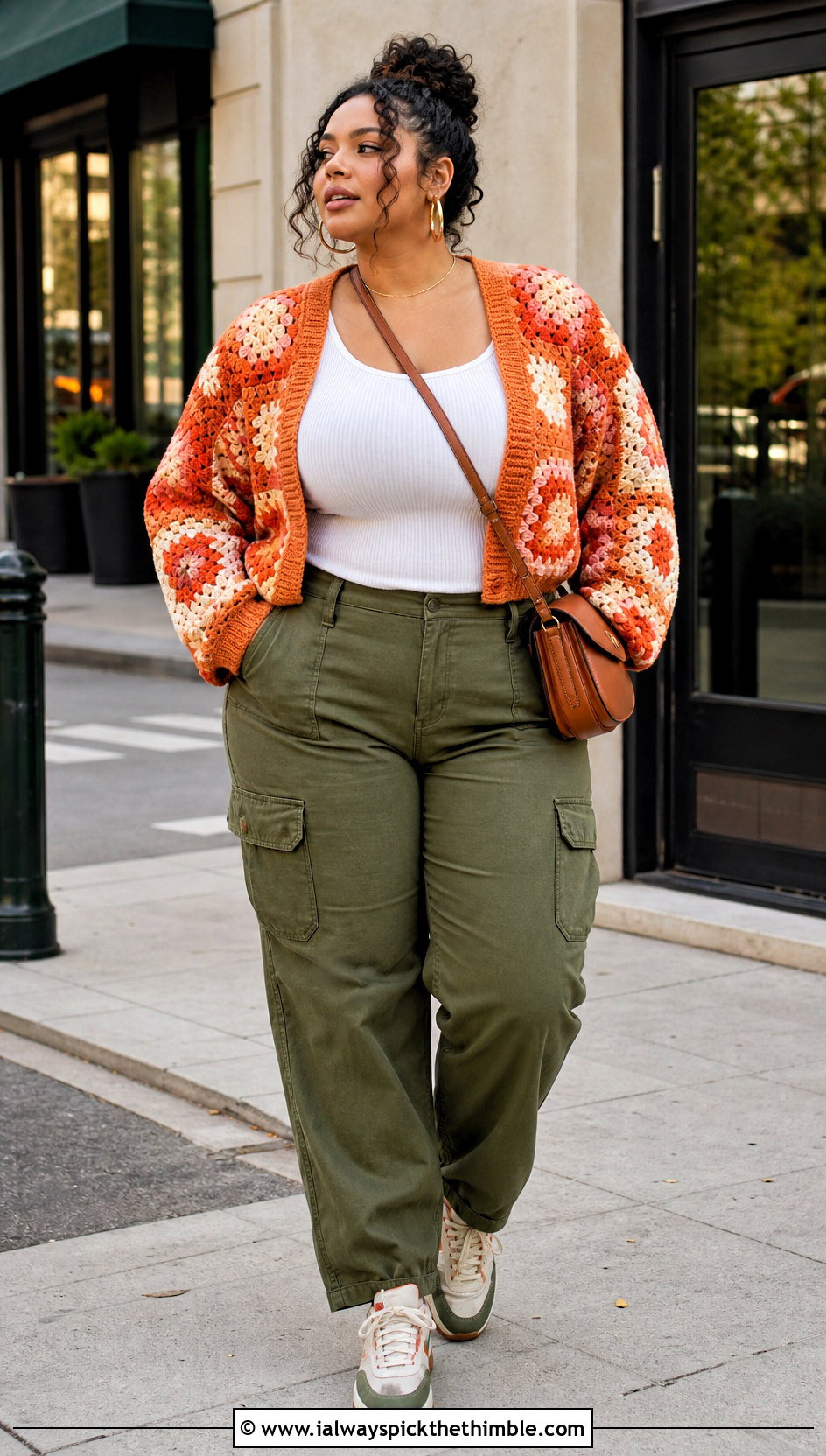Plus Size Patchwork Crochet Cardigan With Cargo Pants - 20 crochet plus size cardigan outfit ideas