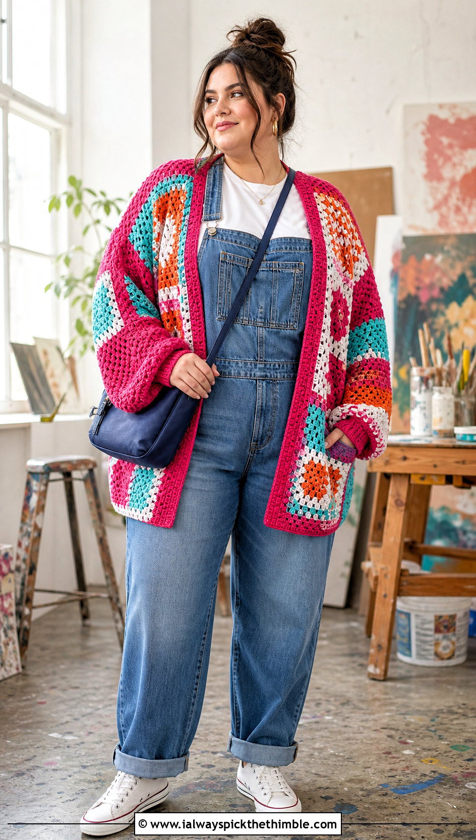 Plus Size Patchwork Crochet Cardigan With Denim Overalls - 25 plus size crochet cardigan outfit ideas