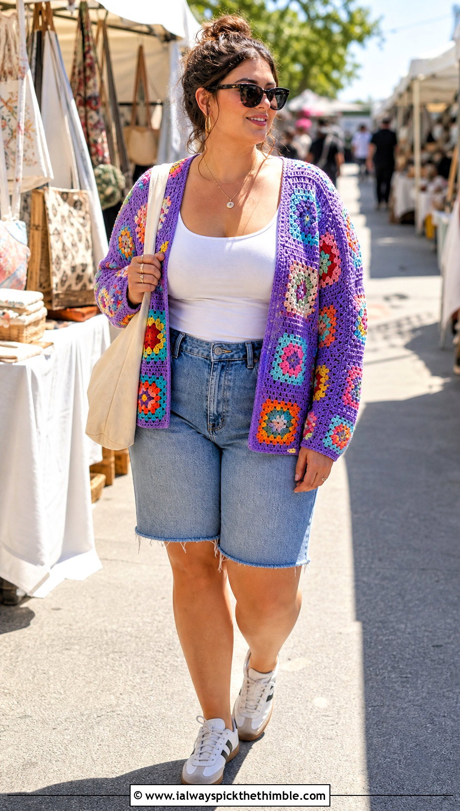 Plus Size Patchwork Crochet Summer Cardigan With Denim Shorts - 20 plus size crochet summer cardigan outfit ideas