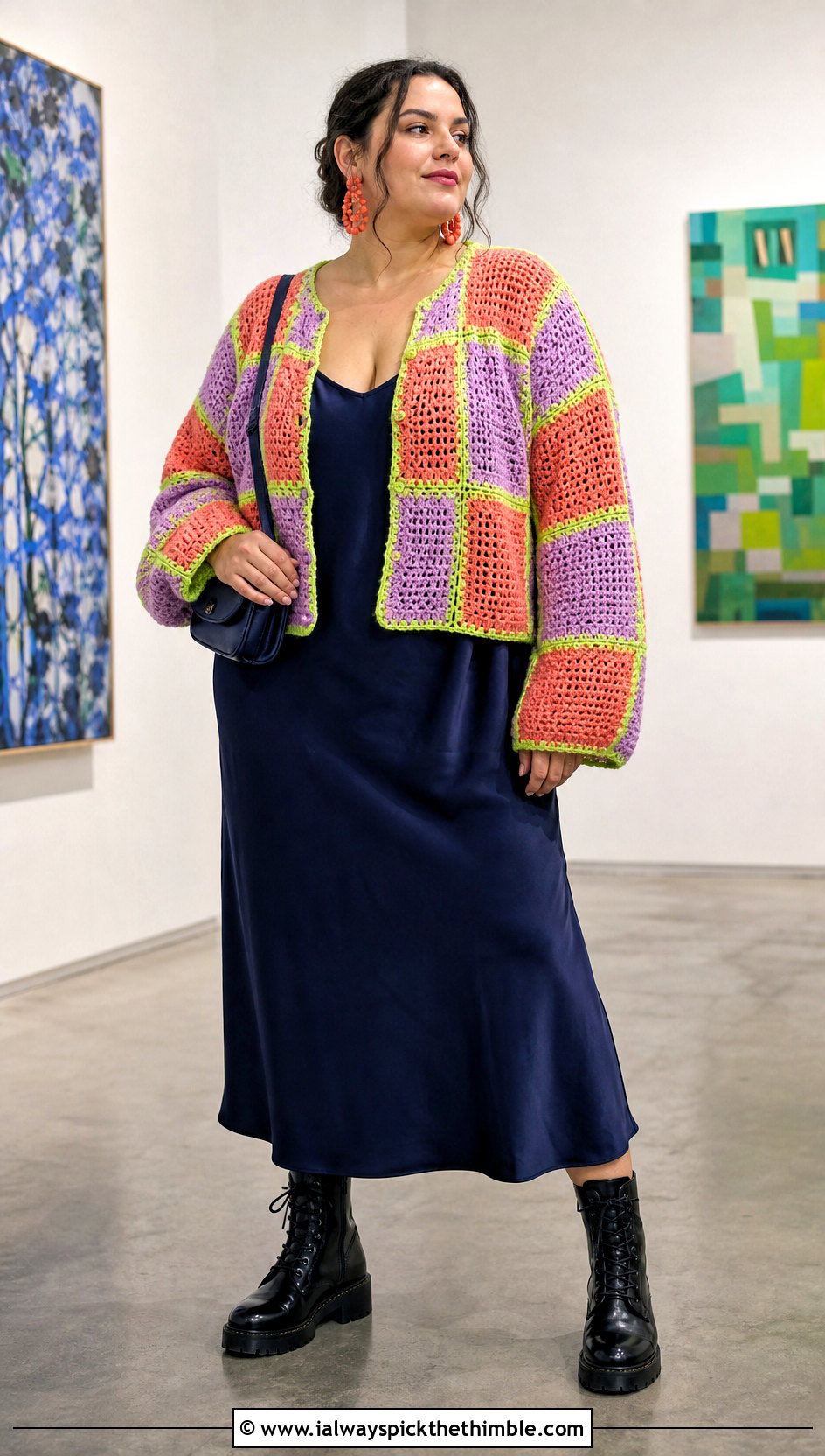 Plus Size Patchwork Crochet Sweater With Slip Dress - 20 plus size crochet sweater outfit ideas