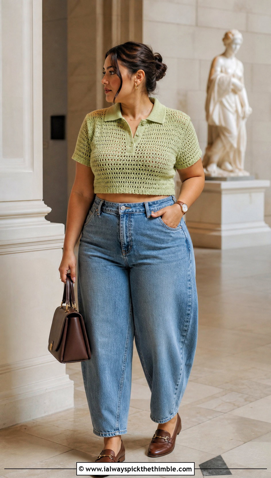 Plus Size Polo Collar Crochet Crop Top With Barrel Jeans - 20 Crochet Crop Top Plus Size outfit ideas