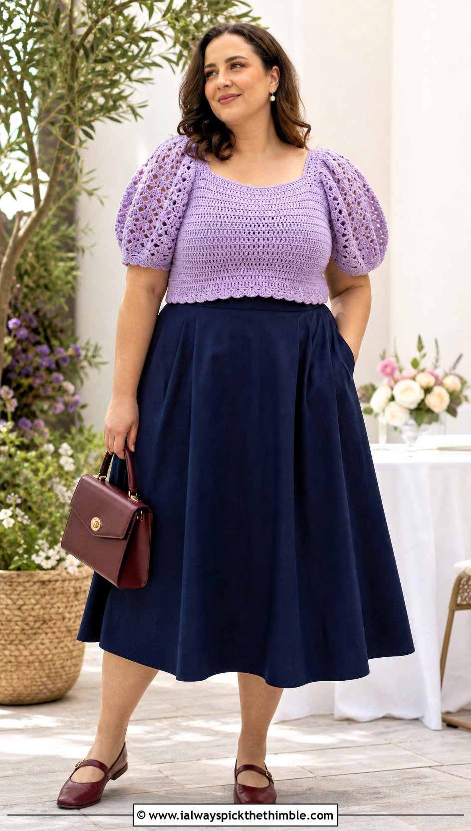 Plus Size Puff Sleeve Crochet Top With A Line Skirt - 20 plus size crochet tops outfit ideas