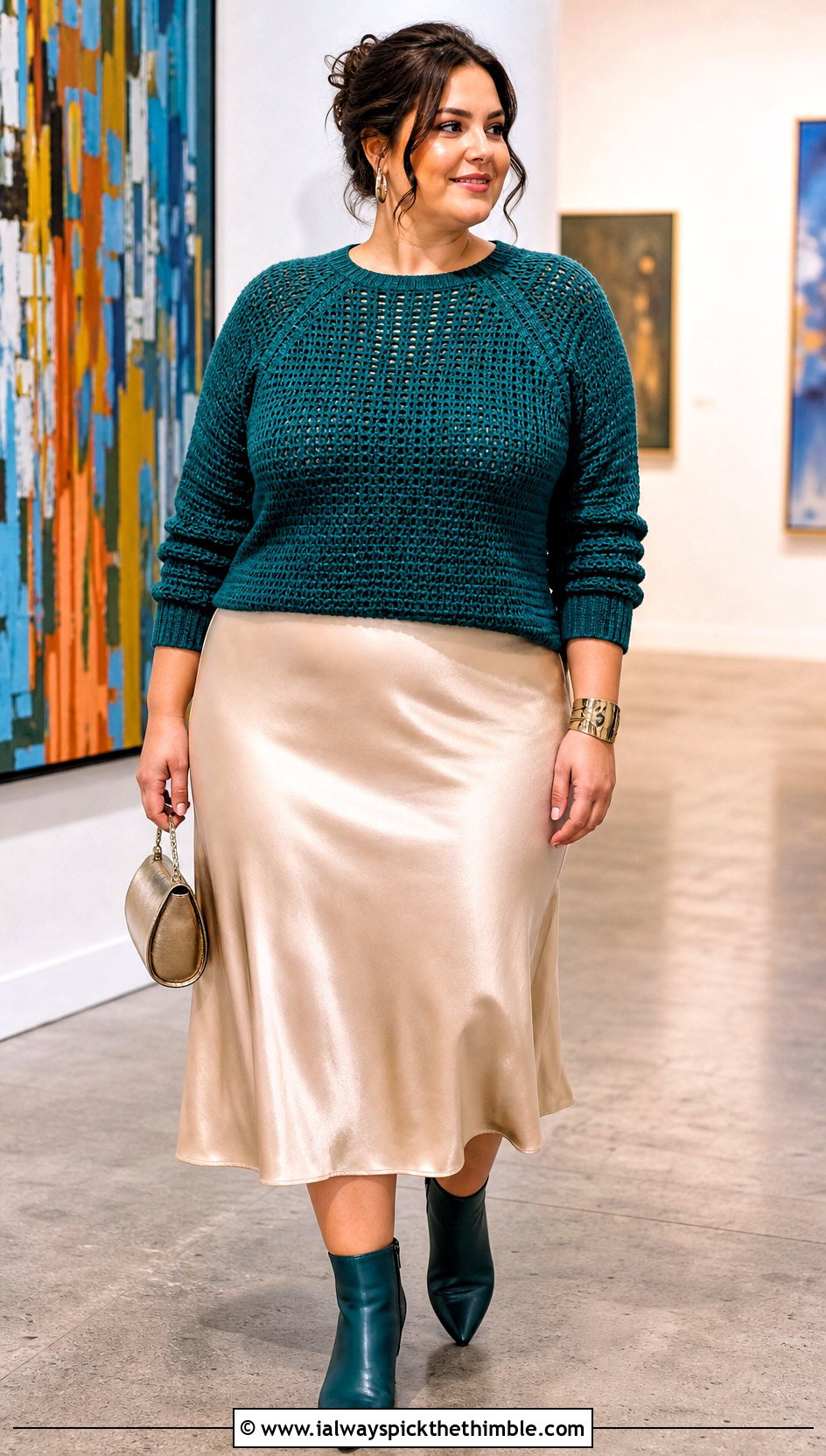 Plus Size Raglan Crochet Sweater With Satin Midi Skirt - 20 plus size crochet sweater outfit ideas