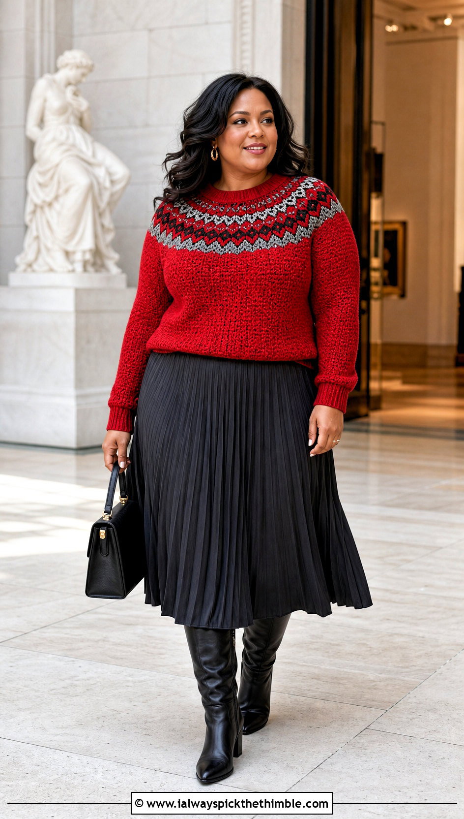 Plus Size Round Yoke Crochet Sweater With Pleated Skirt - 20 plus size crochet sweater outfit ideas
