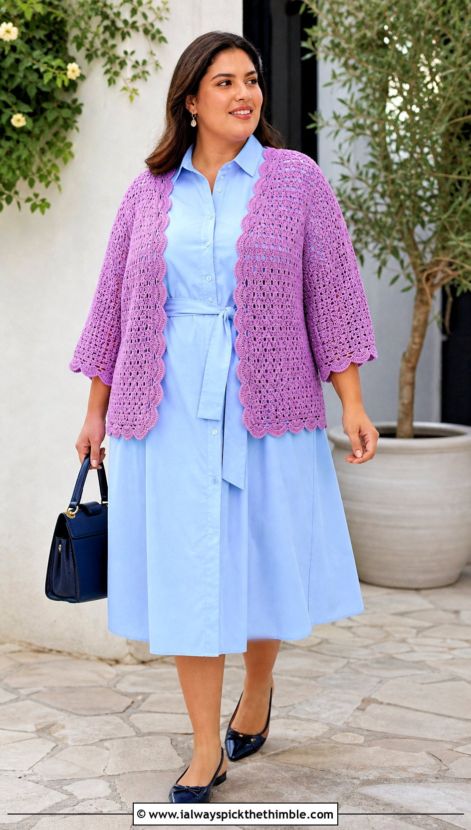 Plus Size Scallop Edge Crochet Cardigan With Shirt Dress - 20 crochet plus size cardigan outfit ideas