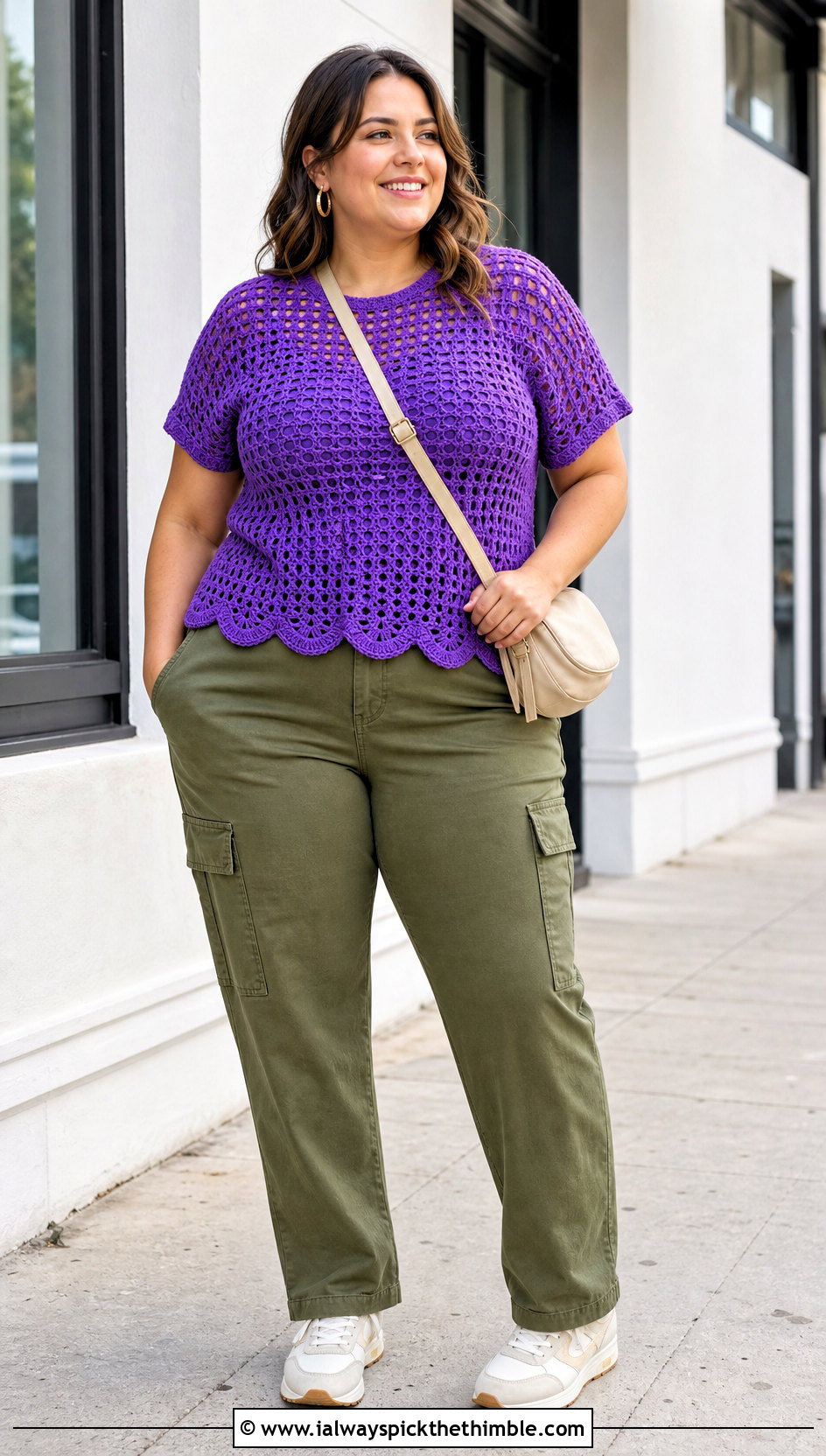 Plus Size Scallop Hem Crochet Tee With Cargo Pants - 20 Crochet Tops Plus Size outfit ideas