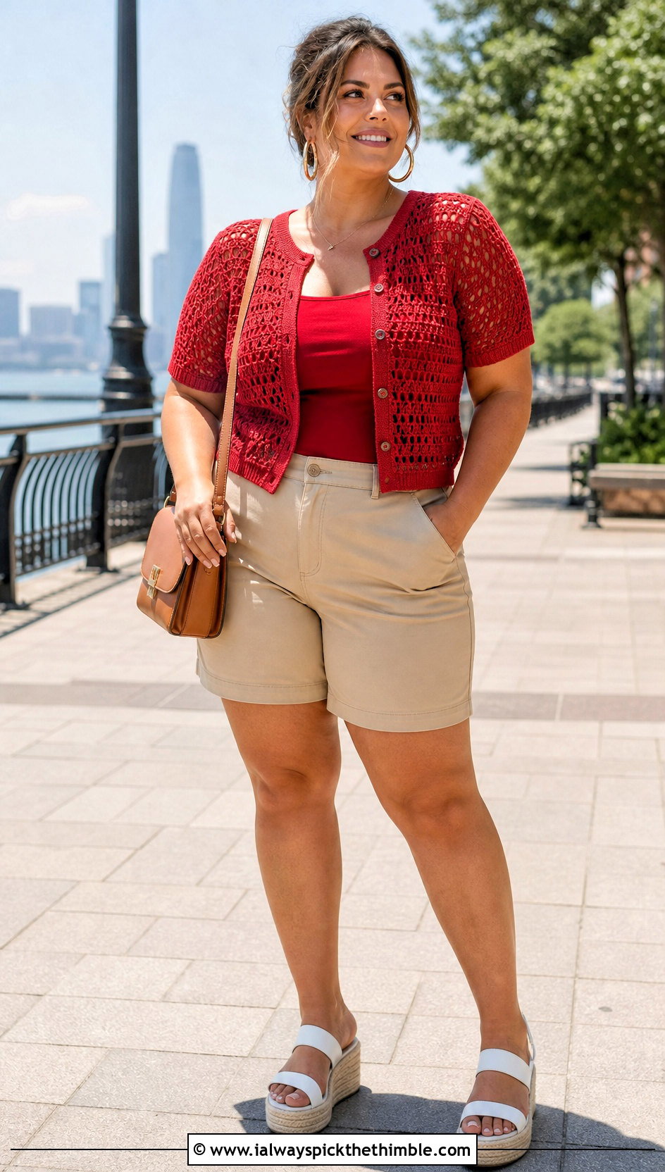 Plus Size Short Sleeve Crochet Sweater With Bermuda Shorts - 20 plus size crochet sweater outfit ideas