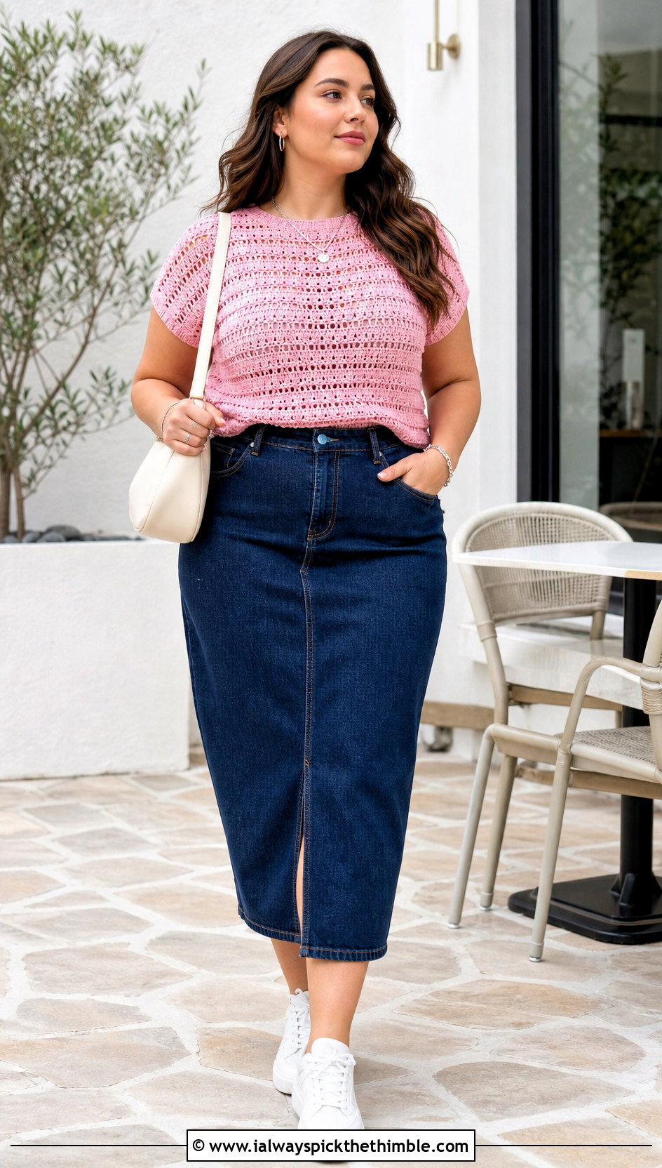 Plus Size Short Sleeve Crochet T Shirt With Denim Midi Skirt - 25 plus size crochet top outfit ideas