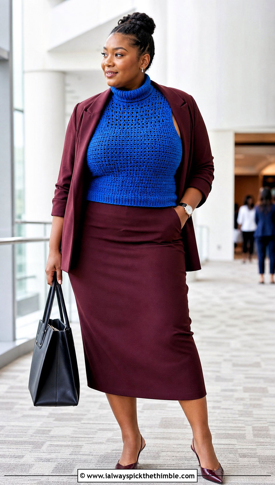 Plus Size Sleeveless Crochet Turtleneck With A Suit Skirt - 20 Crochet Top Plus Size outfit ideas