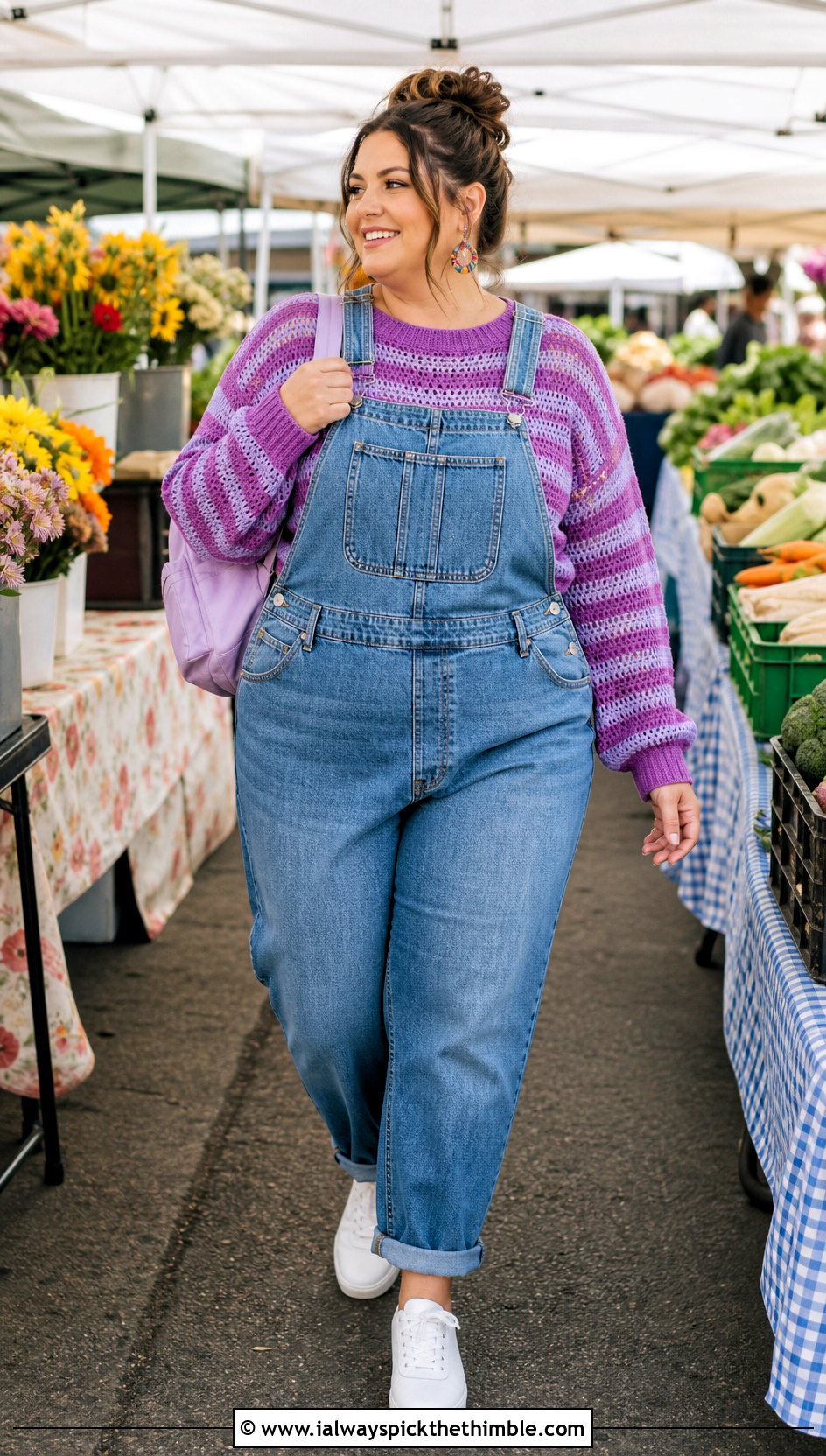 Plus Size Striped Crochet Sweater With Denim Overalls - 20 plus size crochet sweater outfit ideas