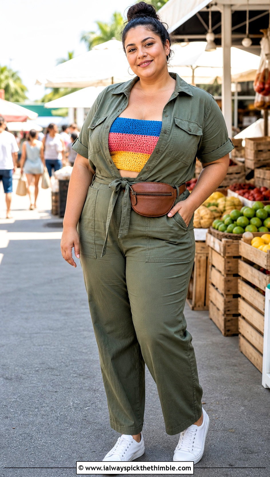 Plus Size Striped Crochet Tube Top With Utility Jumpsuit - 20 Crochet Tops Plus Size outfit ideas