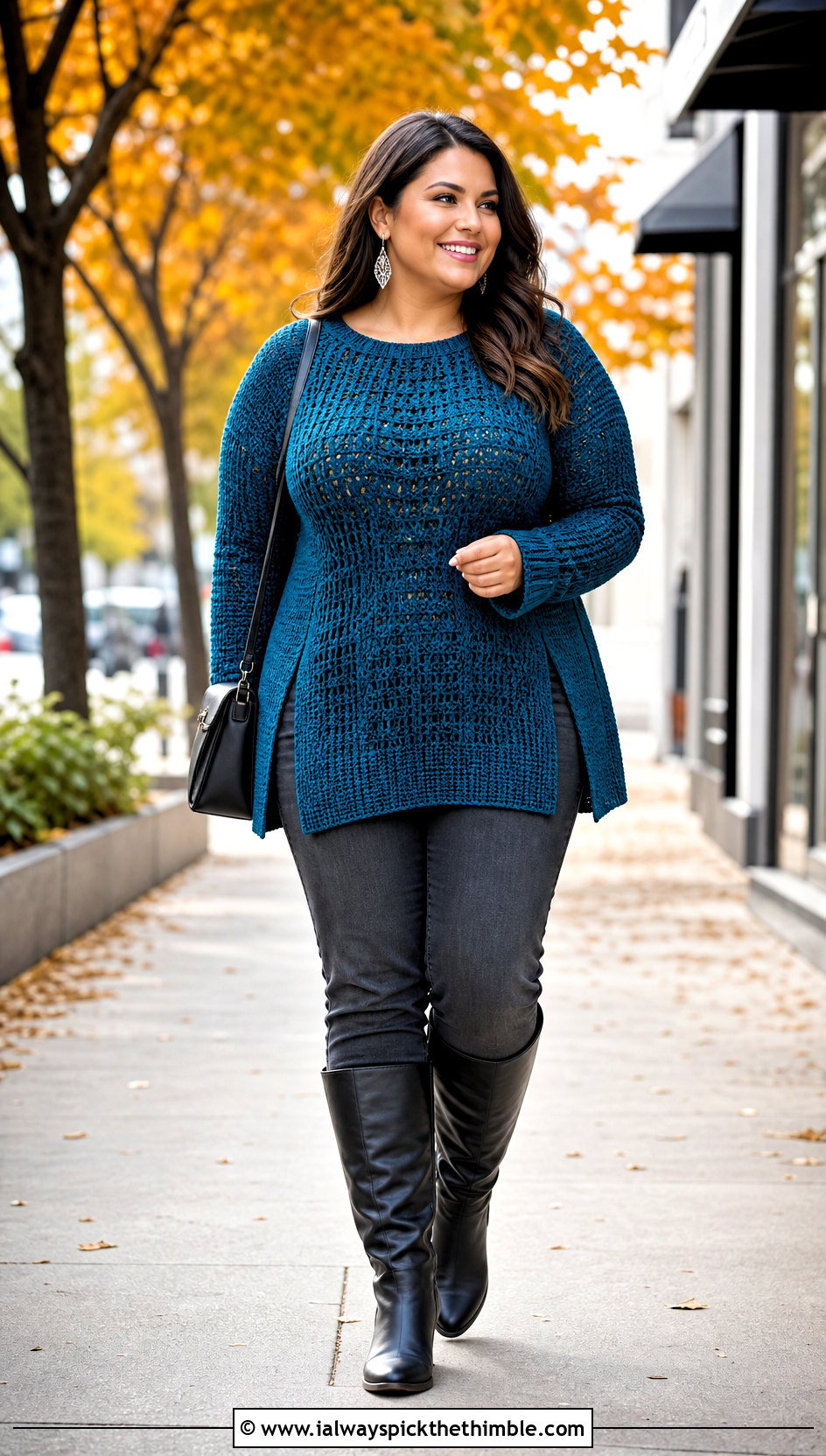 Plus Size Tunic Crochet Sweater With Slim Jeans - 20 plus size crochet sweater outfit ideas