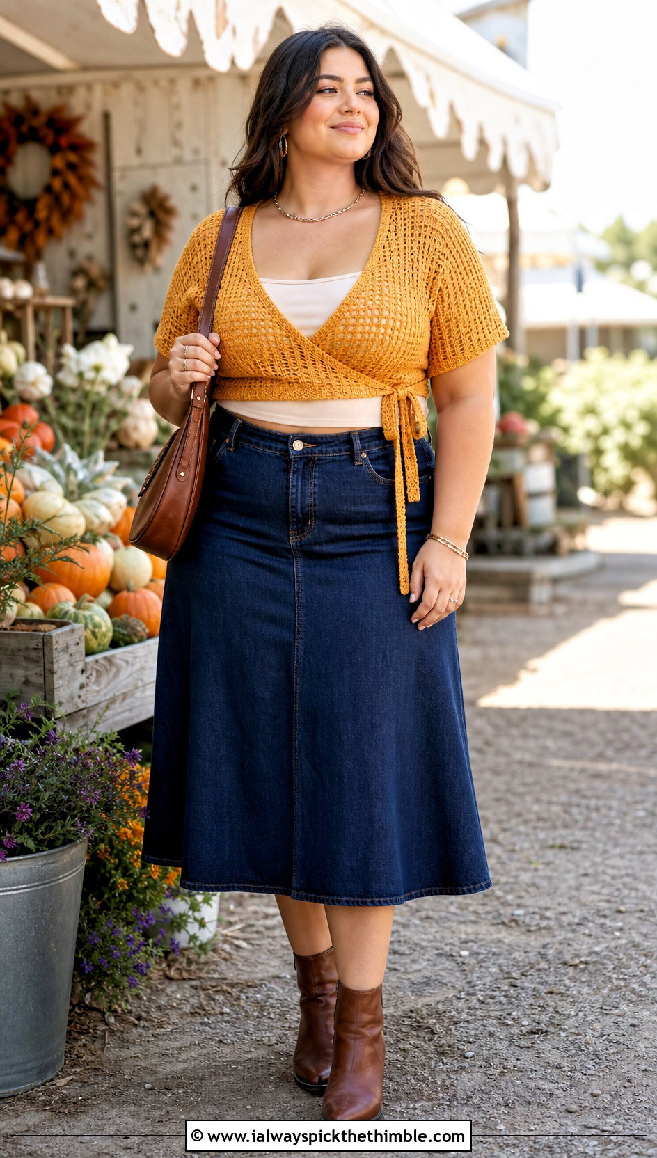 Plus Size Wrap Crochet Crop Top With Denim Midi Skirt - 20 Crochet Crop Top Plus Size outfit ideas