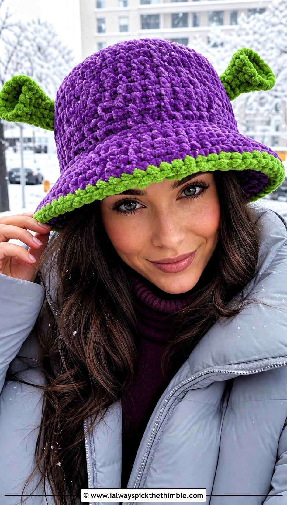 Plush Shrek Crochet Bucket Hat With Puffer Jacket - 20 shrek crochet bucket hat outfit ideas