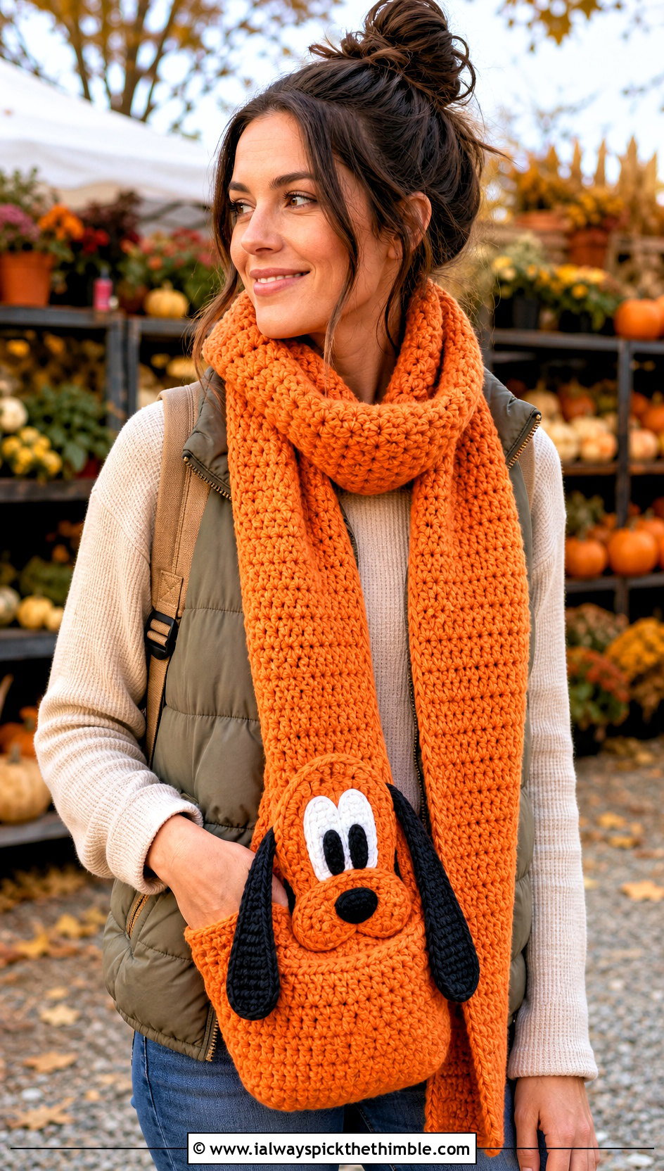 Pluto Pocket Crochet Disney Scarf With Puffer Vest - 20 Crochet Disney Scarf outfit ideas