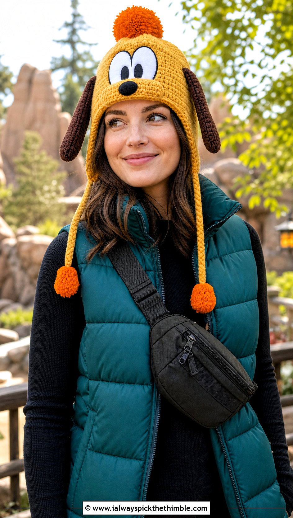 Pluto Pom Pom Earflap Crochet Disney Beanie With Puffer Vest - 20 Crochet Disney Beanie outfit ideas
