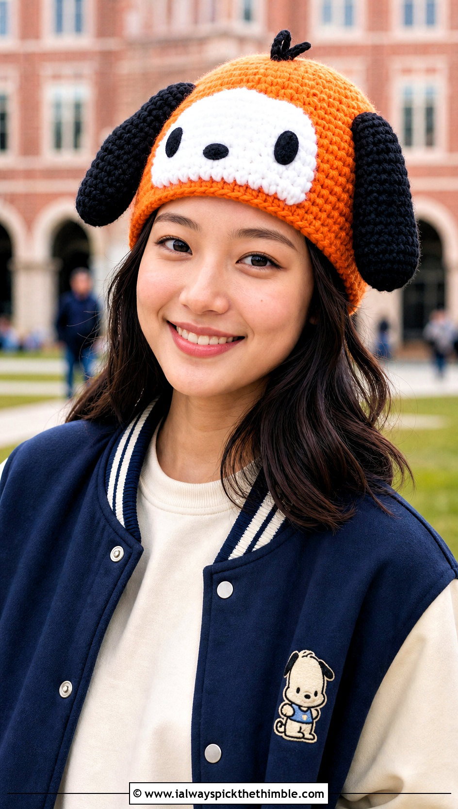 Pochacco Puppy Ear Crochet Beanie With Varsity Jacket - 20 sanrio crochet beanie outfit ideas