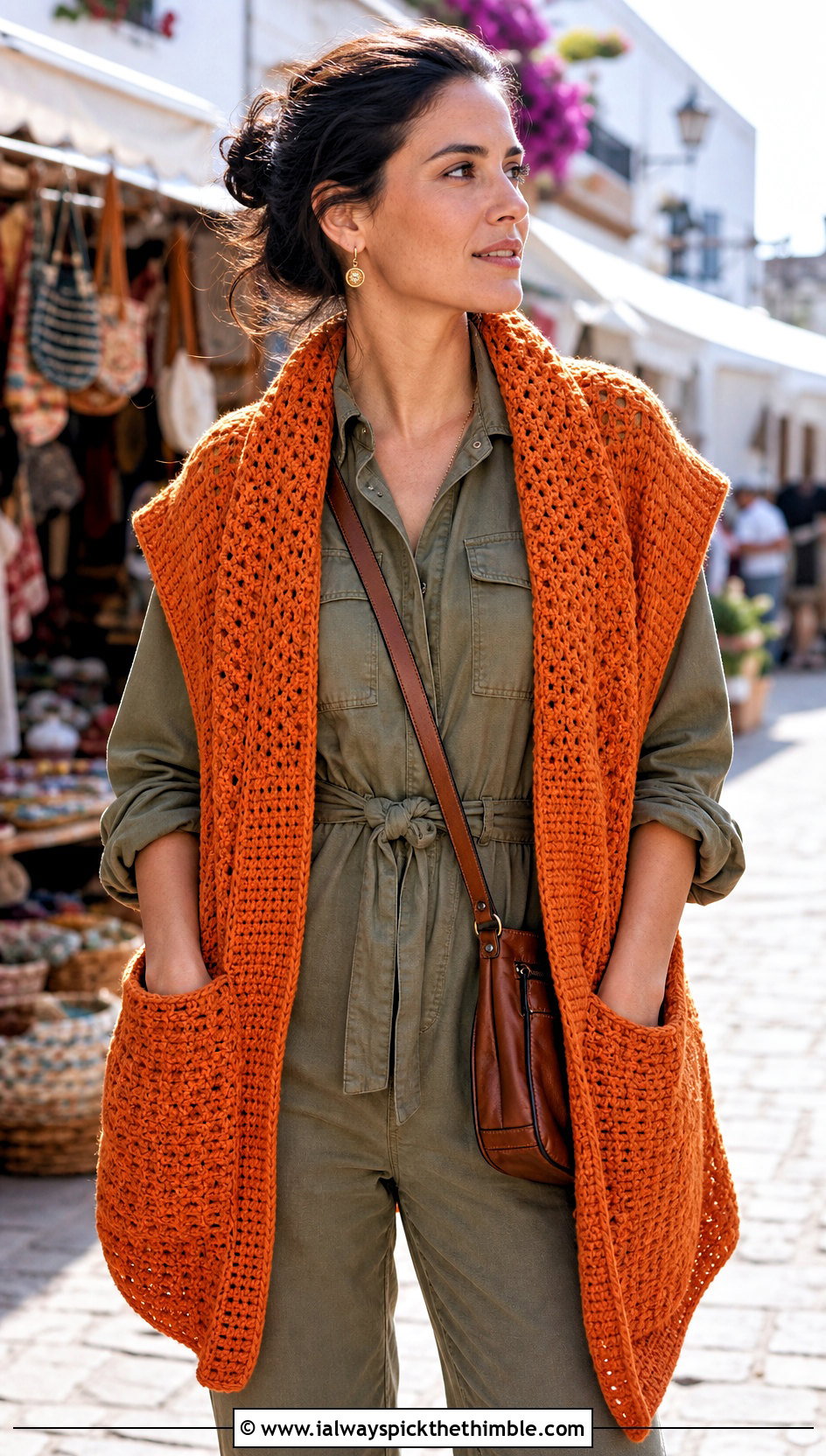 Pocket Block Stitch Crochet Shawl With A Utility Jumpsuit - 15 Block Stitch Crochet Shawl outfit ideas