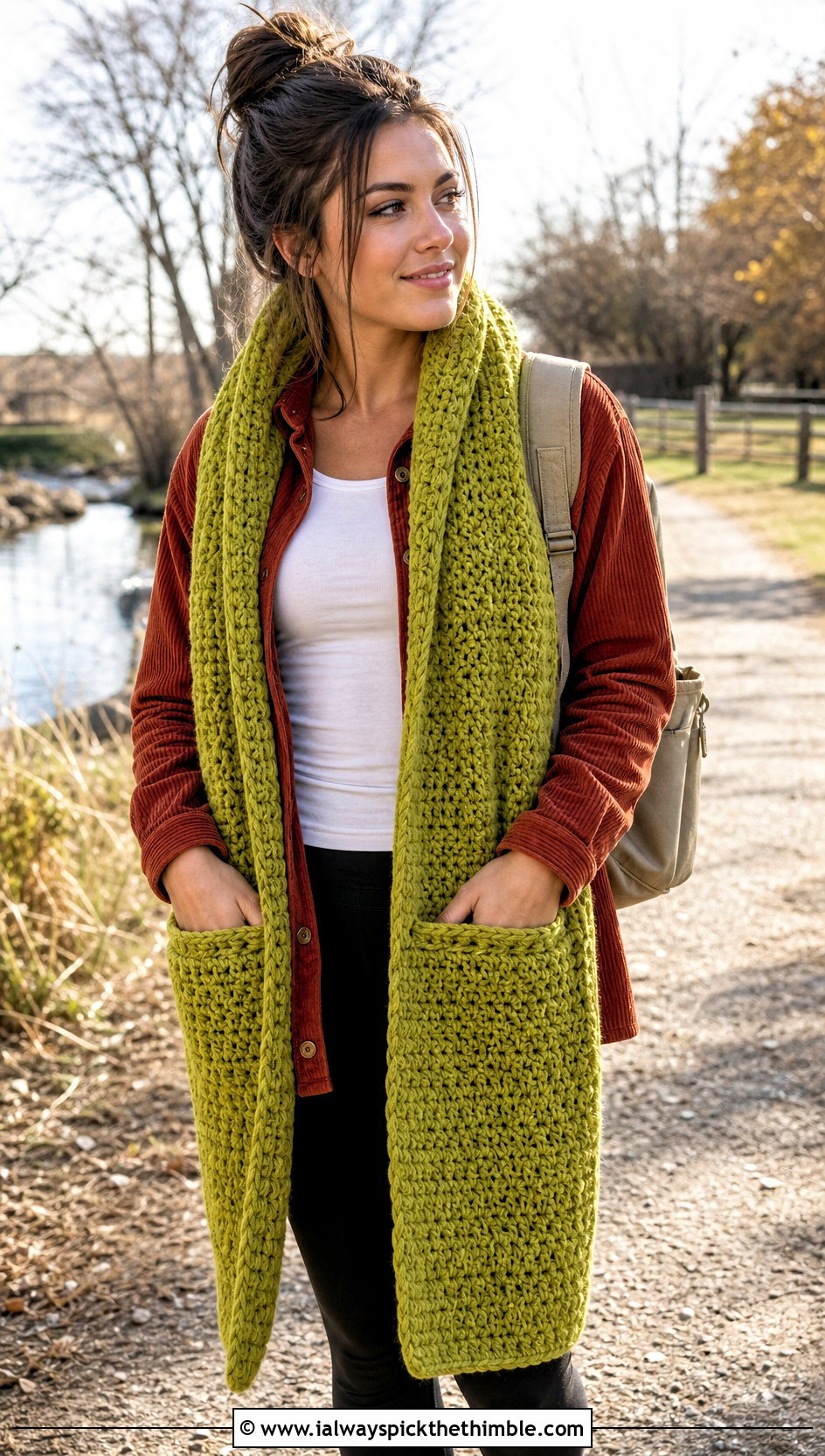 Pocket Bonfire Scarf With Shacket And Leggings - 20 Crochet Bonfire Scarf outfit ideas