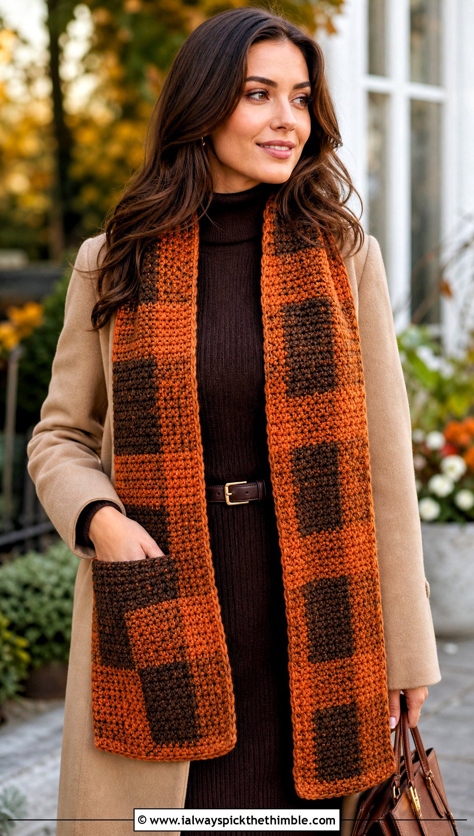 Pocket Buffalo Plaid Crochet Scarf With Sweater Dress - 15 buffalo plaid crochet scarf outfit ideas