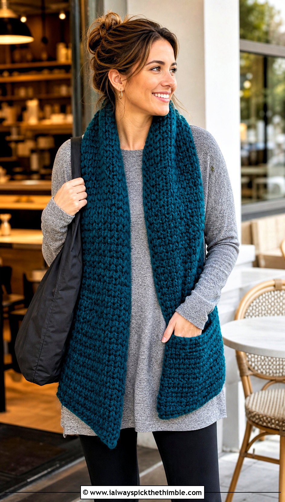 Pocket Bulky Crochet Scarf With Leggings - 20 bulky crochet scarf outfit ideas