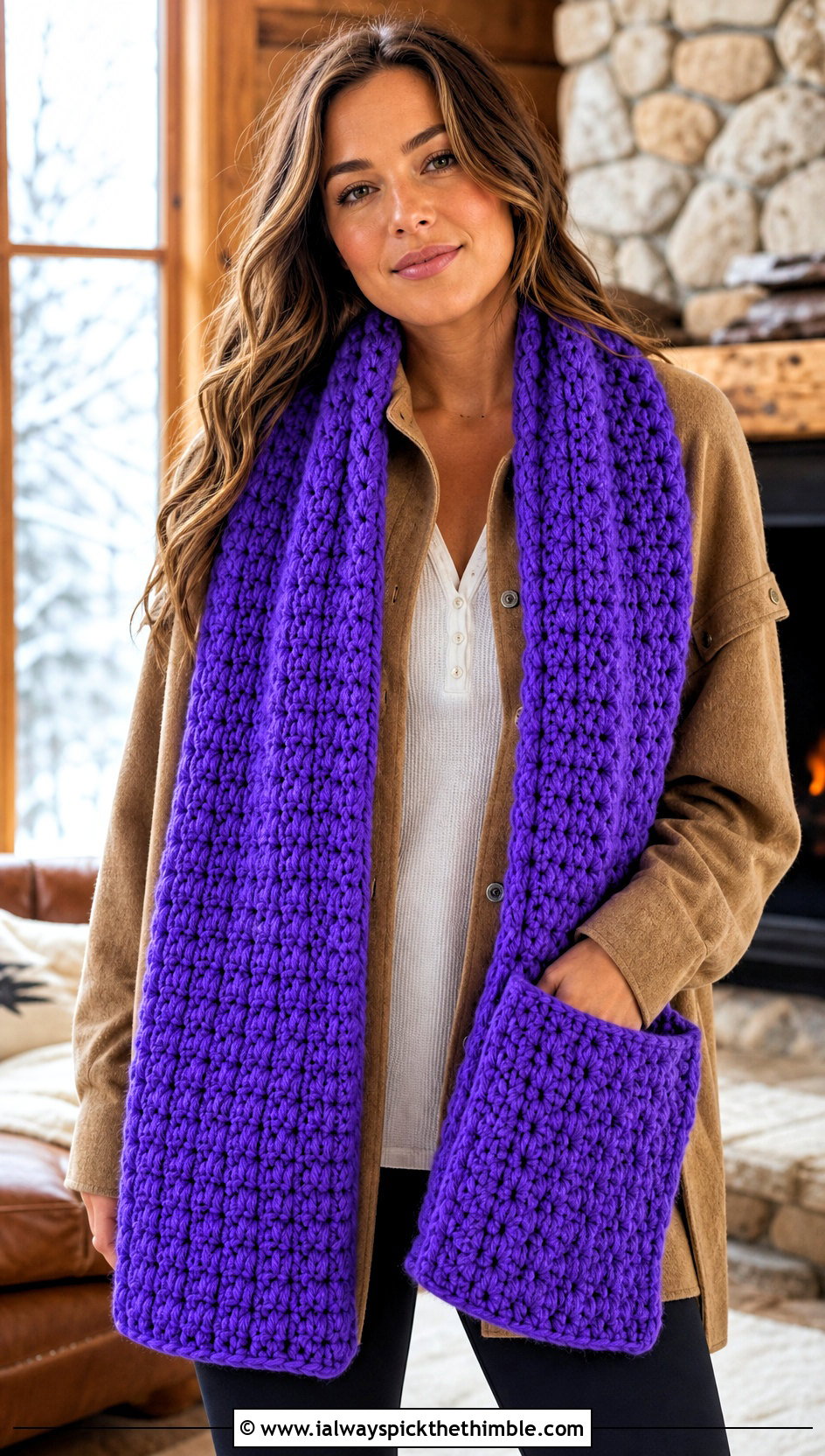 Pocket Bulky Crochet Scarf With Shacket And Leggings - 15 Crochet For Scarves Using Bulky Yarn outfit ideas