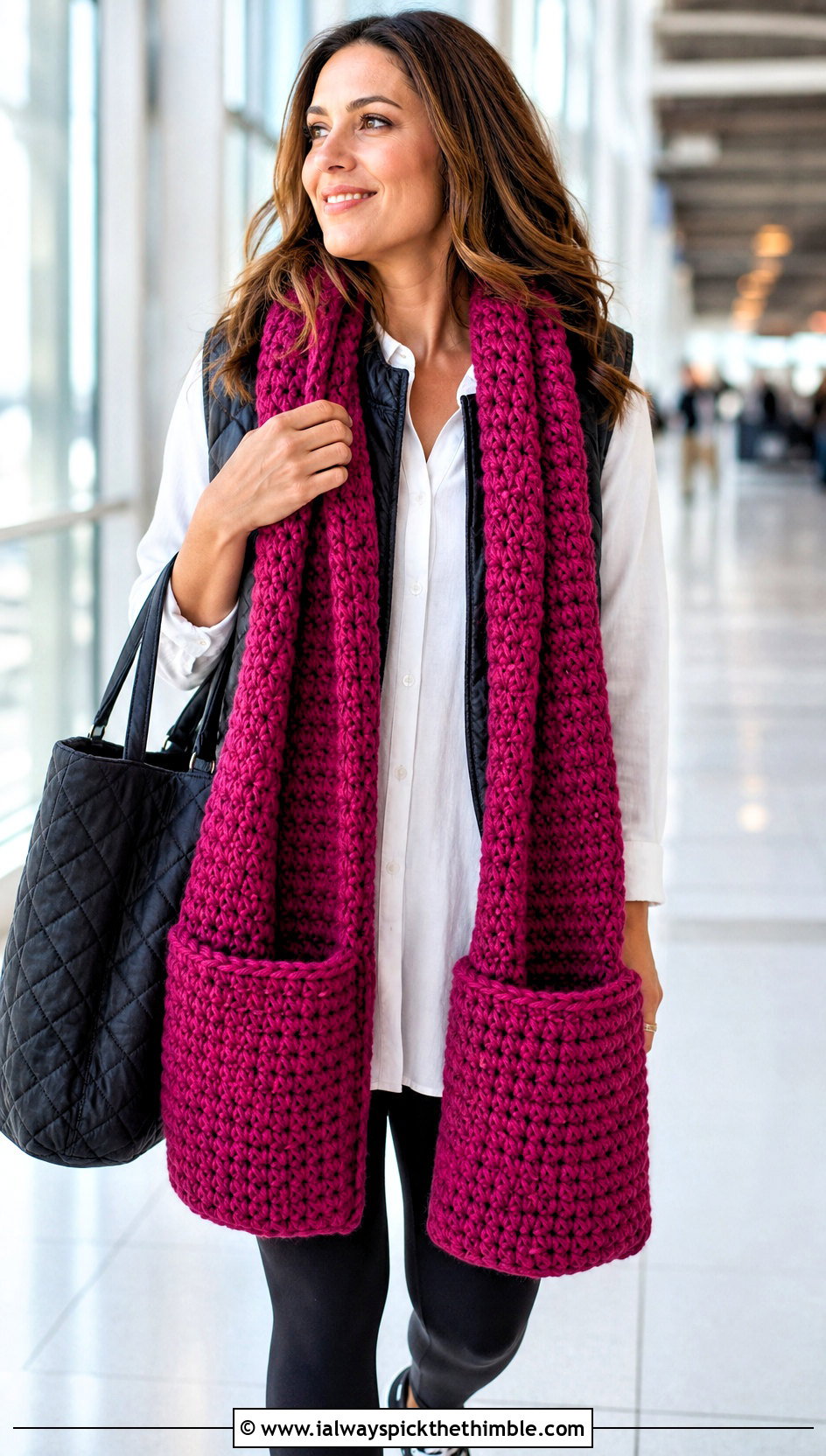 Pocket Bulky Yarn Crochet Scarf With Leggings - 20 bulky yarn crochet scarf outfit ideas