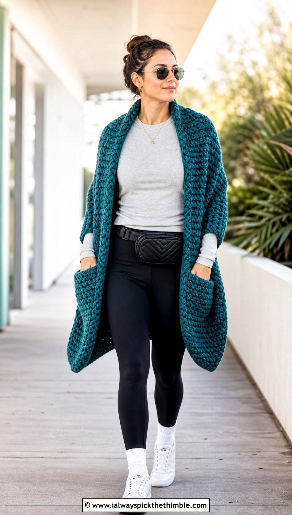 Pocket Bulky Yarn Crochet Shawl With Leggings And Sneakers - 20 Bulky Yarn Crochet Shawl outfit ideas