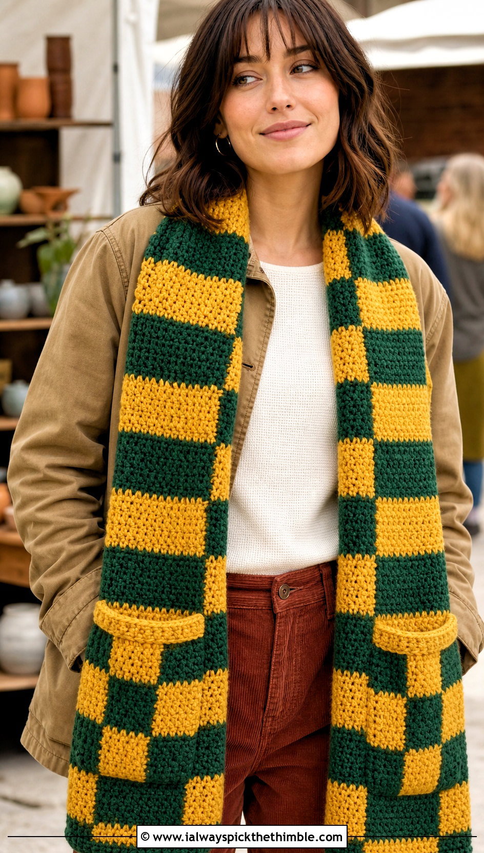 Pocket Checkered Crochet Scarf With Utility Jacket - 20 Checkered Crochet Scarf outfit ideas